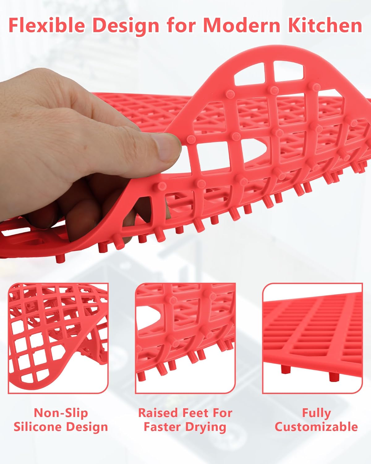 2 Pack Silicone Sink Protectors for Kitchen Sink, Lozenge Pattern 13 x 11 Inches Sink Mat, Non-Slip and Durable Sink Protector Silicone, Rear Drain, Red