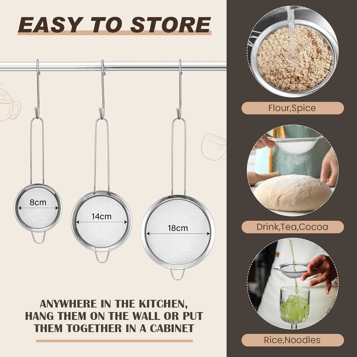 Norme 5 Quart Stainless Steel Silver Colander and 3 Pcs Silver Fine Mesh Strainer, Stainless Steel Pasta Rice Food Metal Strainer with Handles, Easy Clean and Dishwasher Safe