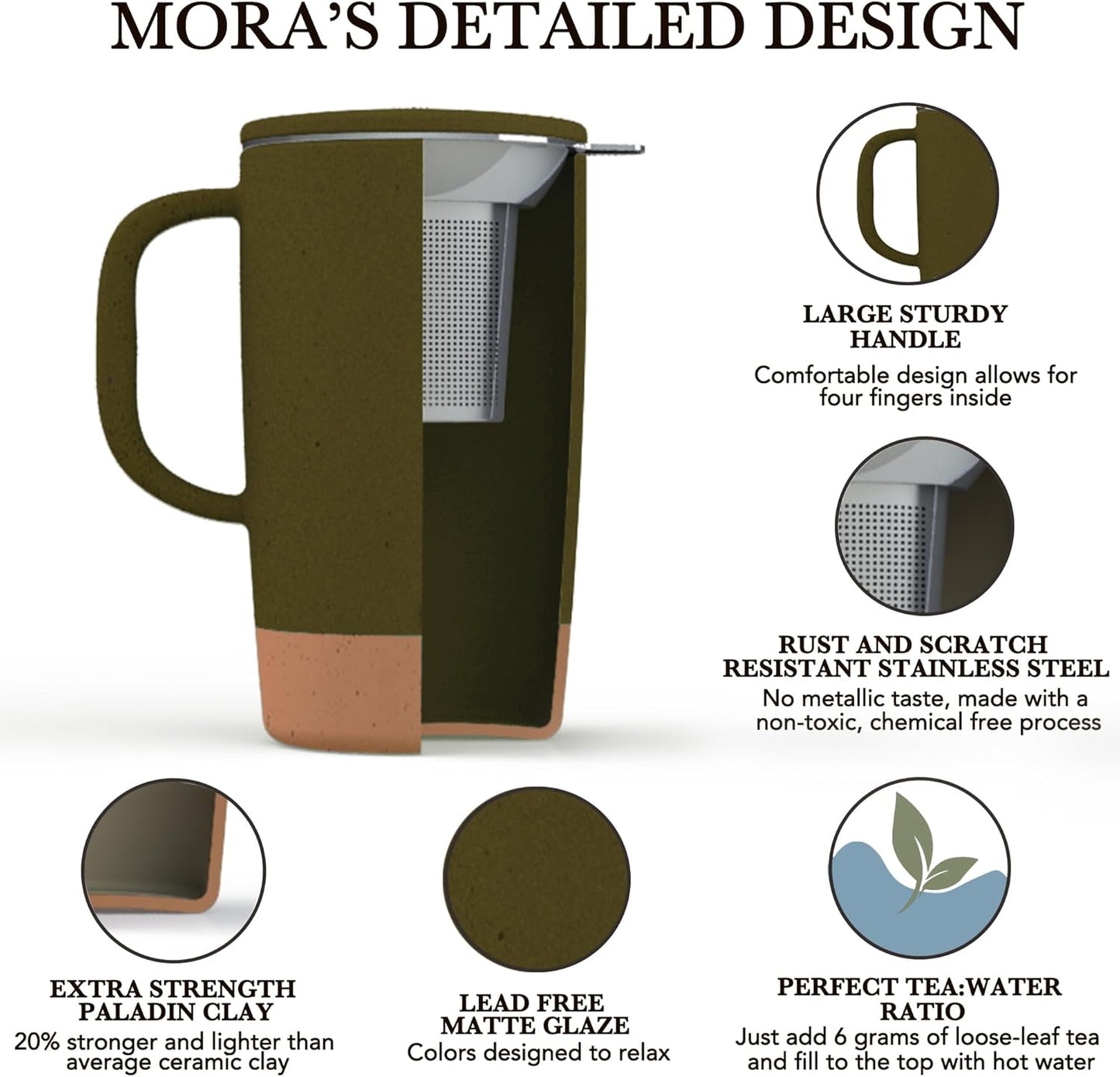 Mora Ceramics Large Tea Mug with Loose Leaf Infuser and Ceramic Lid, 18 oz, Portable, Microwave and Dishwasher Safe, Tall Coffee Cup - Rustic Matte Ceramic Glaze, Modern Herbal Tea Strainer, Olive