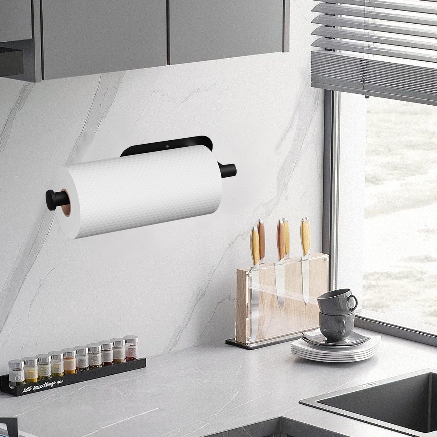 Self Adhesive or Drilling Paper Towel Holder Under Cabinet,Black Stainless Steel Hanging Paper Towel Holder Wall Mount for Kitchen Paper Towel,Under Counter Paper Towel Roll Rack for Home,Bathroom,RV