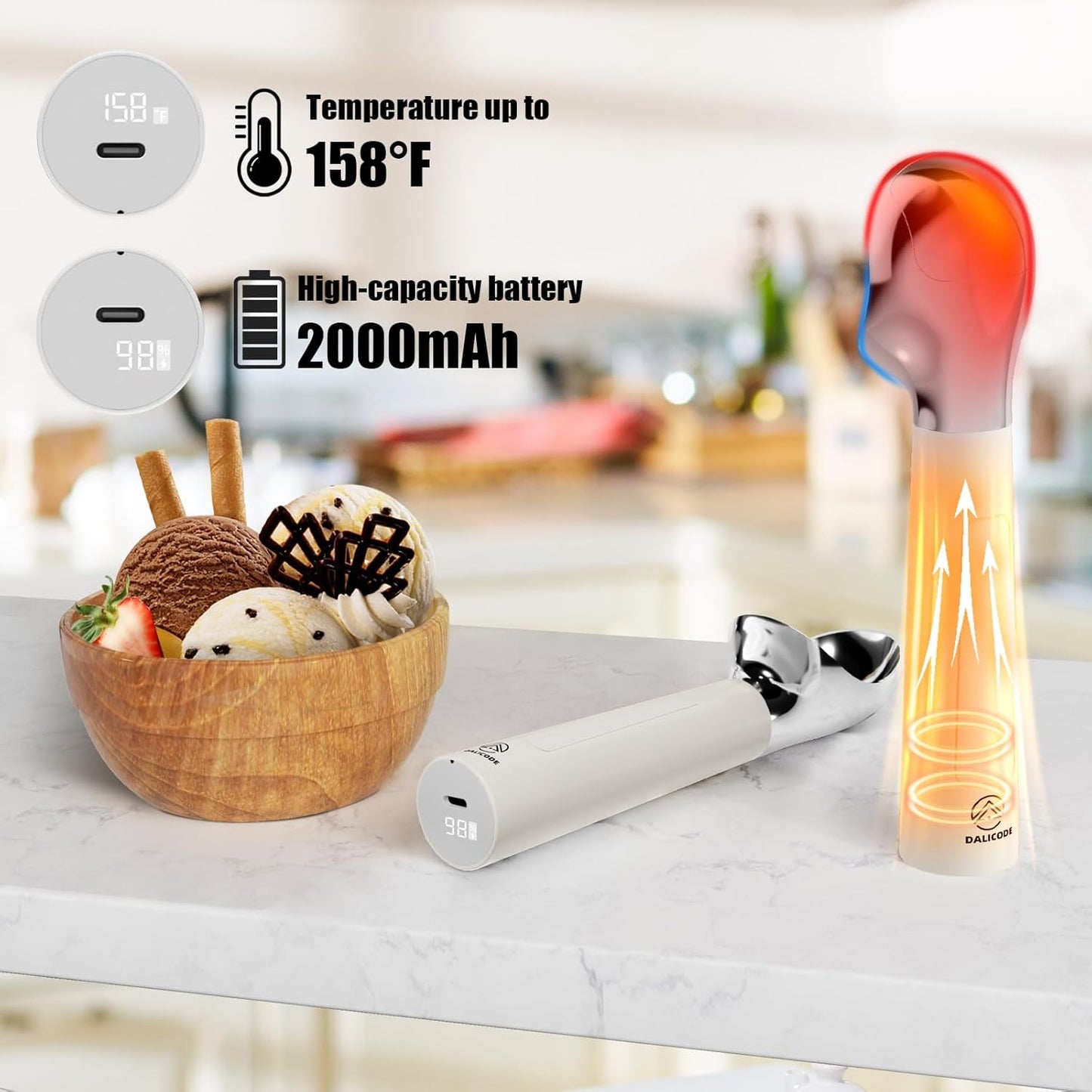 Heated Ice Cream Scoop – Electric Scooper for Hard Ice Cream and Desserts, Handheld Heating Up to 158°F, Rechargeable with LED Display, Easy to Clean, Ideal Summer Gift