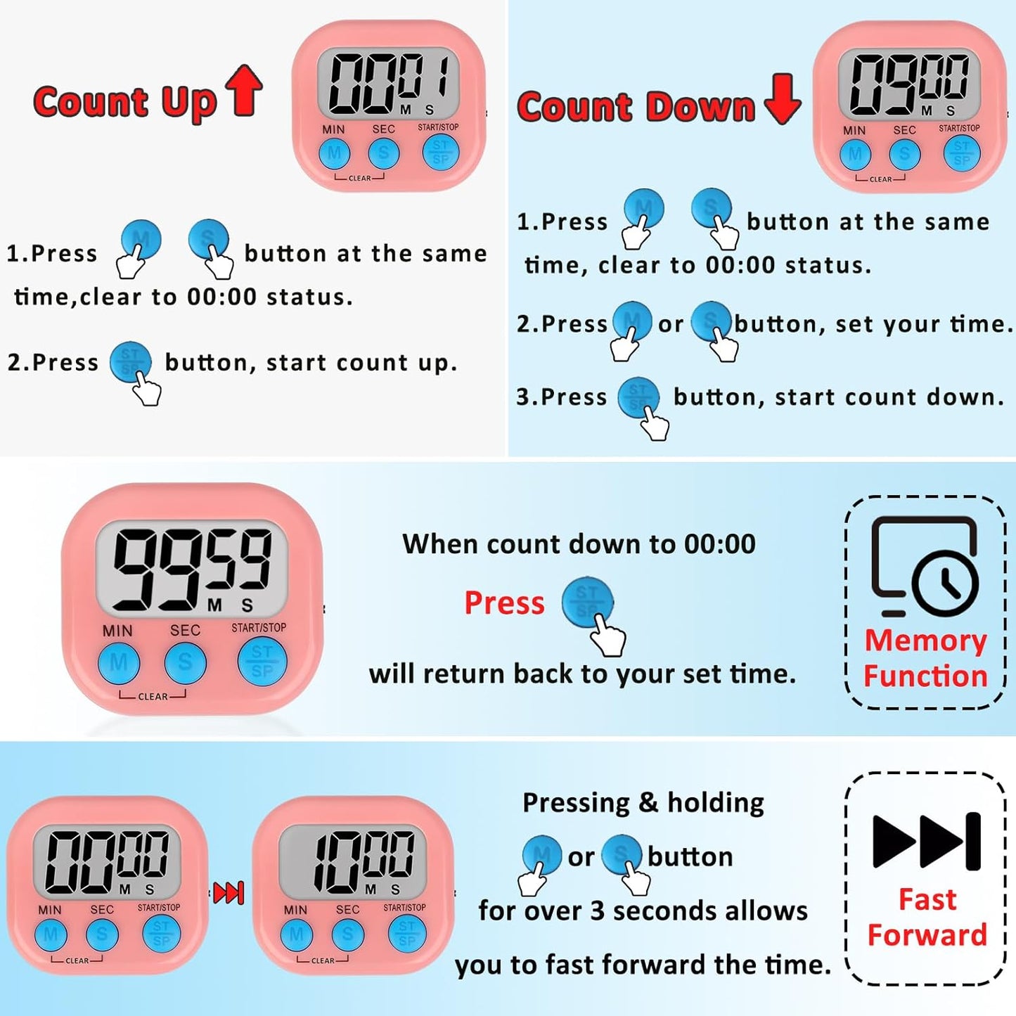 ZILLEN 6 Pack Kitchen Timers for Cooking Digital Classroom Timers for Kids Teachers Blue Pink Purple