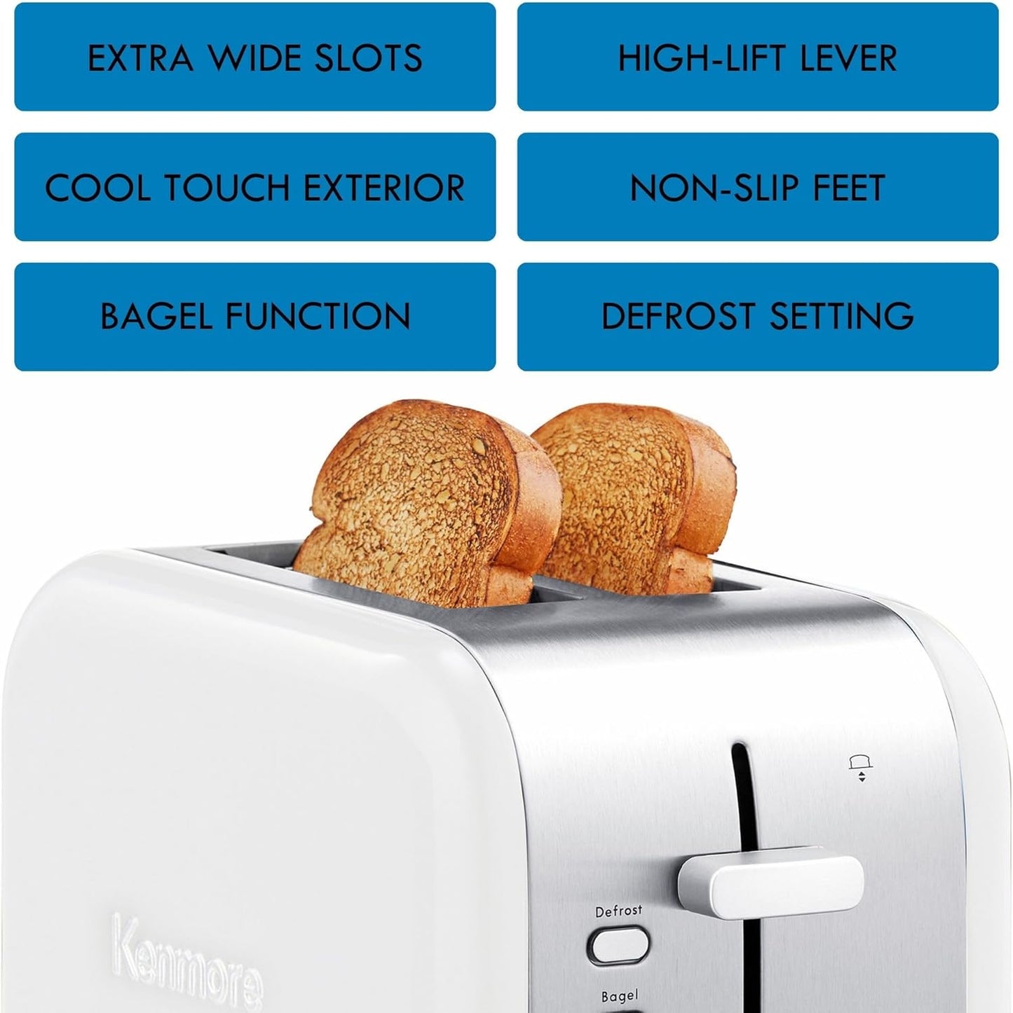Kenmore toaster 2 slice - extra wide slot countertop kitchen appliance, defrost function, tostador de pan, 9 shade settings, compact design, easy clean crumb tray, bread bagel, stainless steel & White