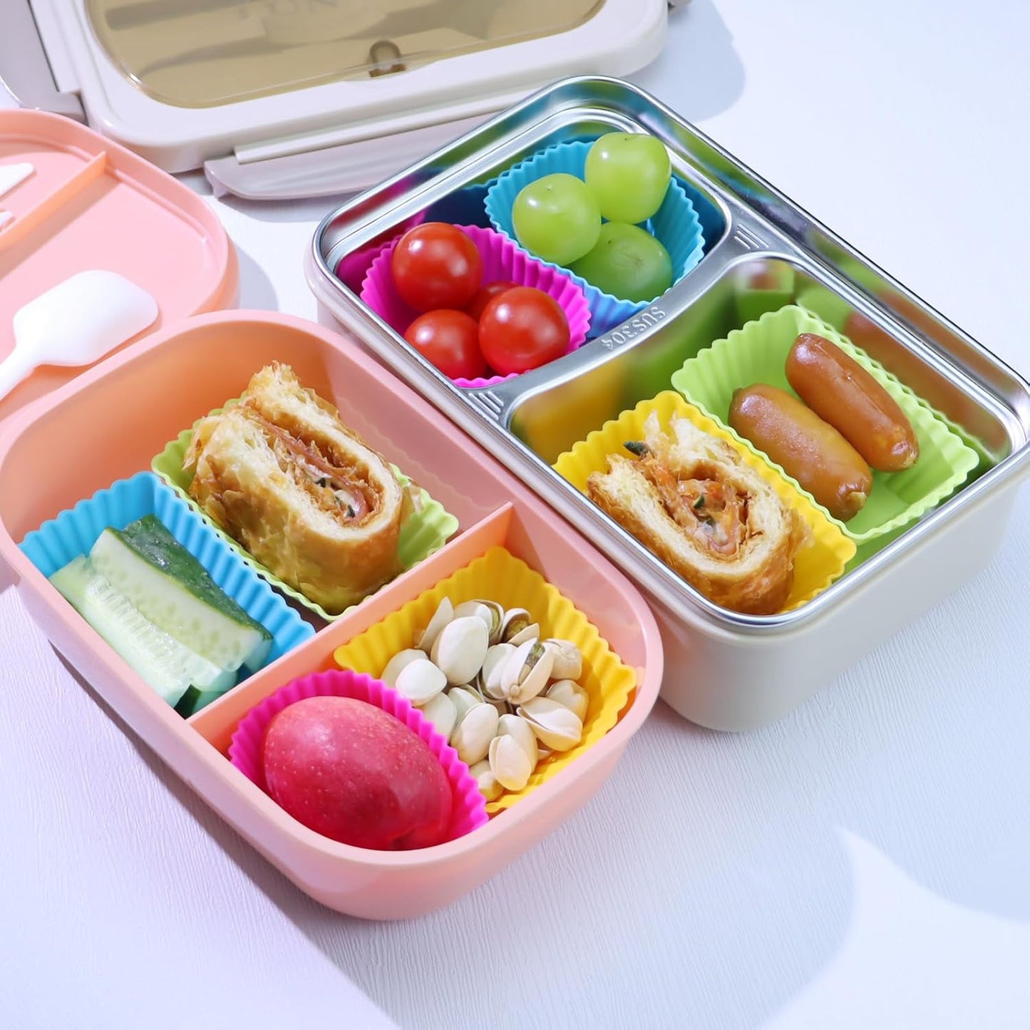 24Pack Silicone Muffin Cups, Reusable Cupcake Liners Molds for Baking, 3 Shapes Lunch Box Bento Dividers-Round, Square, and Rectangular (Colorsful, Large Size)