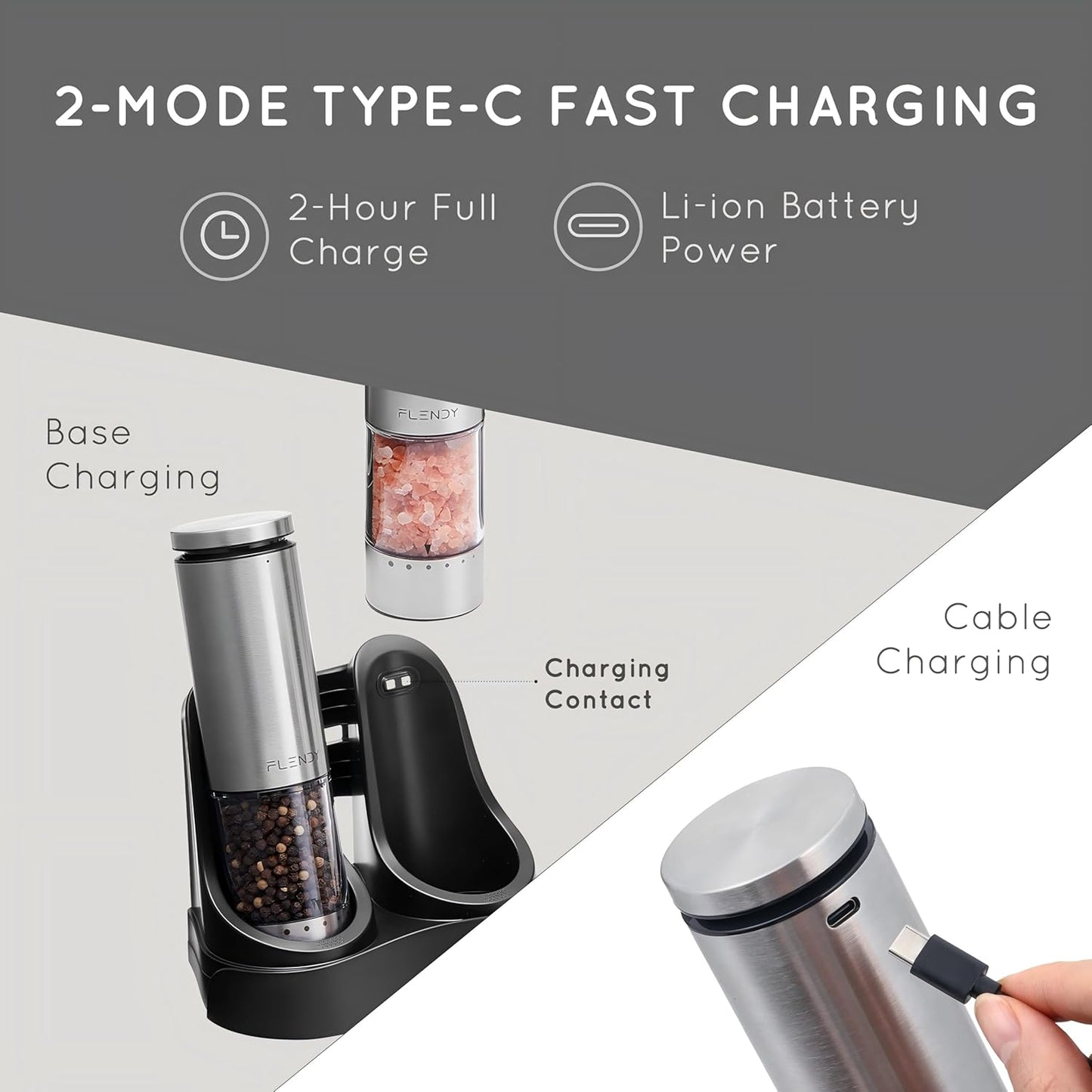 Electric Salt and Pepper Grinder Set Rechargeable, Automatic Salt and Pepper Grinder Set with Oversized Top Button, Stainless Steel Electric Salt and Pepper Shakers Set