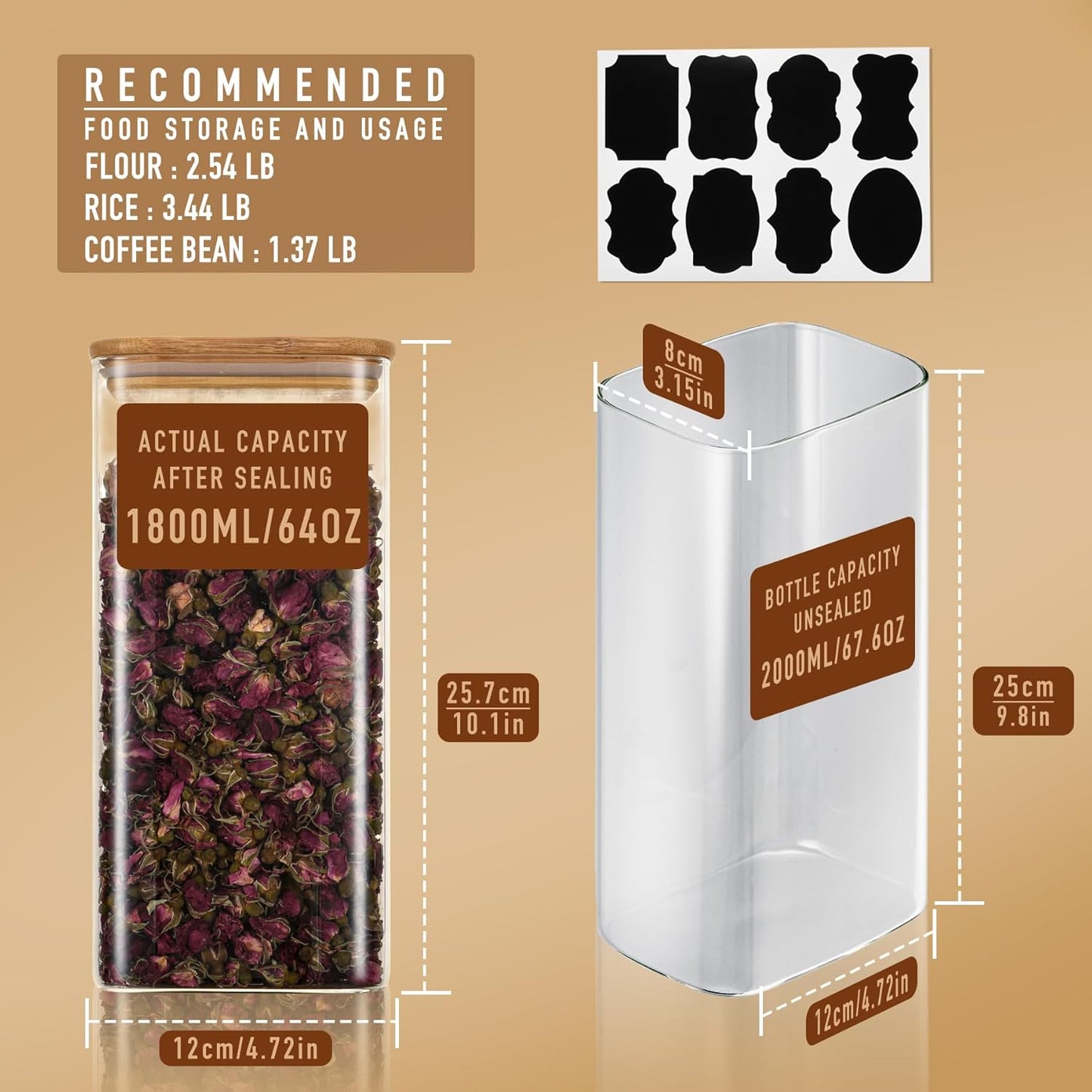 64oz Rectangle Airtight Glass Storage Containers with Bamboo Lids (Set of 4), Square Food Storage Jar, Pantry Organizers for Cereal, Flour, Pasta and Coffee beans (‎with Black Lable)