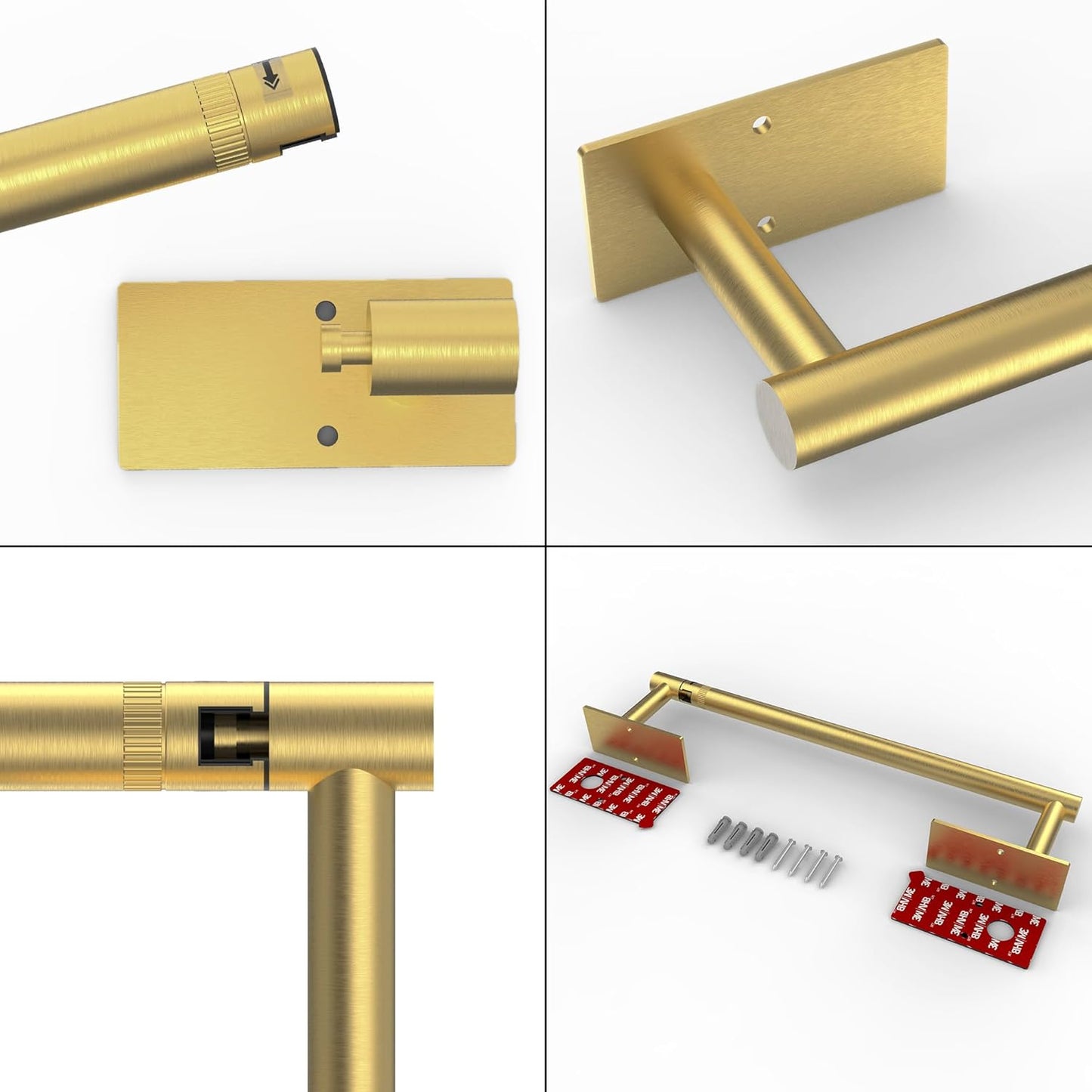 Ruacq Brushed Gold Paper Towel Holder Double Post Pivoting Square Base Under Cabinet Paper Towel Holder for Kitchen Self-Adhesive or Drill mounting