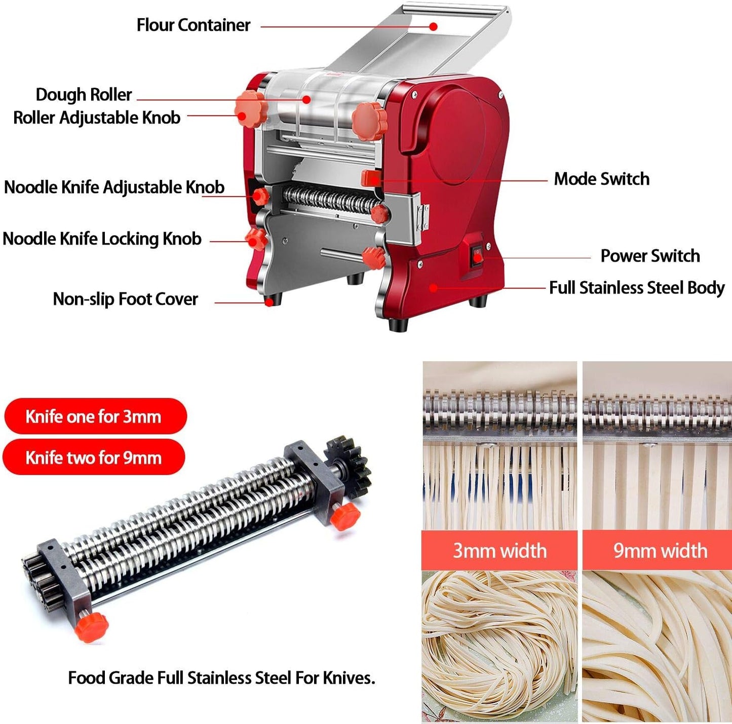 Pasta Making Machine,Electric Noodle&Dumpling Maker For Home/Commercial Use,Full Stainless Steel Dual Knife No Disassembled-3/9mm Width Noodle/0.3-5mm Thickness Dough-Auto Noodle Cutter.