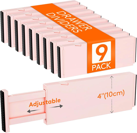 Lifewit 9 Pack Drawer Dividers 4" High, 11-17" Adjustable Drawer Organizers for Clothes, Expandable Dresser Separators in Bedroom/Bathroom/Kitchen/Fridge/Office Organization and Storage, Pink