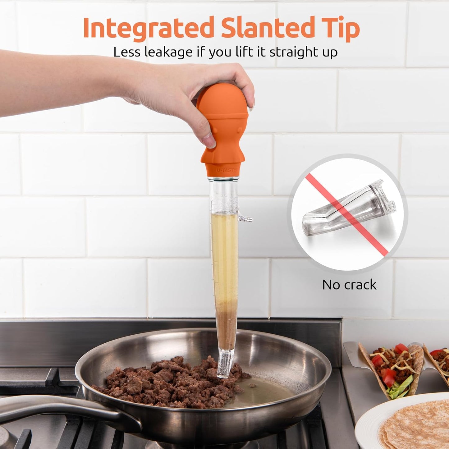 U-Taste 1.5oz Angled Turkey Baster - 228.2ºF Heat Resistant Food Grade Tritan and Silicone Large Octopus Bulb Baster Set with Cleaning Brush for Cooking Basting Meat Poultry Beef Chicken (Orange)
