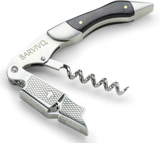 Barvivo Wine Opener with Foil Cutter and Cap Remover - Double Hinged Corkscrew for Bartenders - Stainless Steel Wine Key for Easy Bottle Opening - Manual Wine Bottle Opener - Ebony Wood, 4.7x1.2-Inch