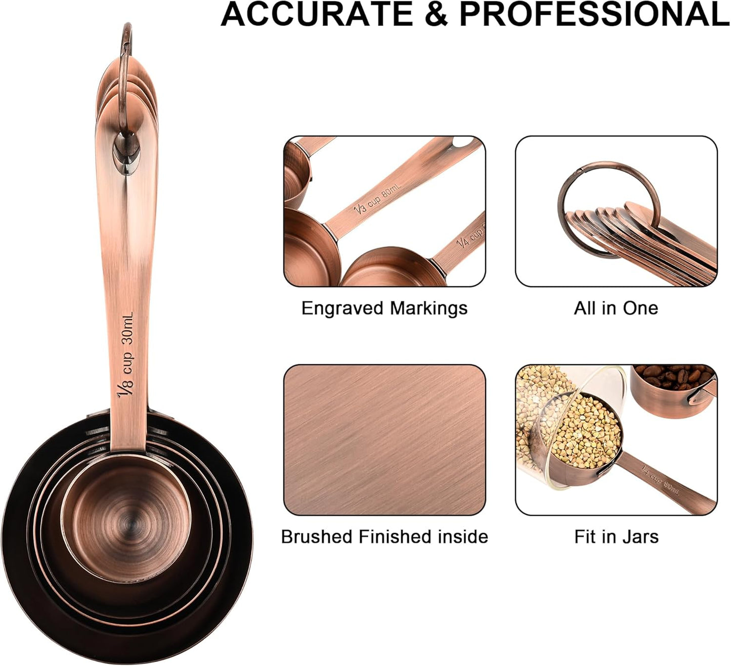 Copper Measuring Cups Set, Stainless Steel Measuring Cups Set 5, Metal Measuring Cups for Baking, Both Imperial & Metric Measuring Cups for Liquid and Dry, Nesting Kitchen Measuring Tools