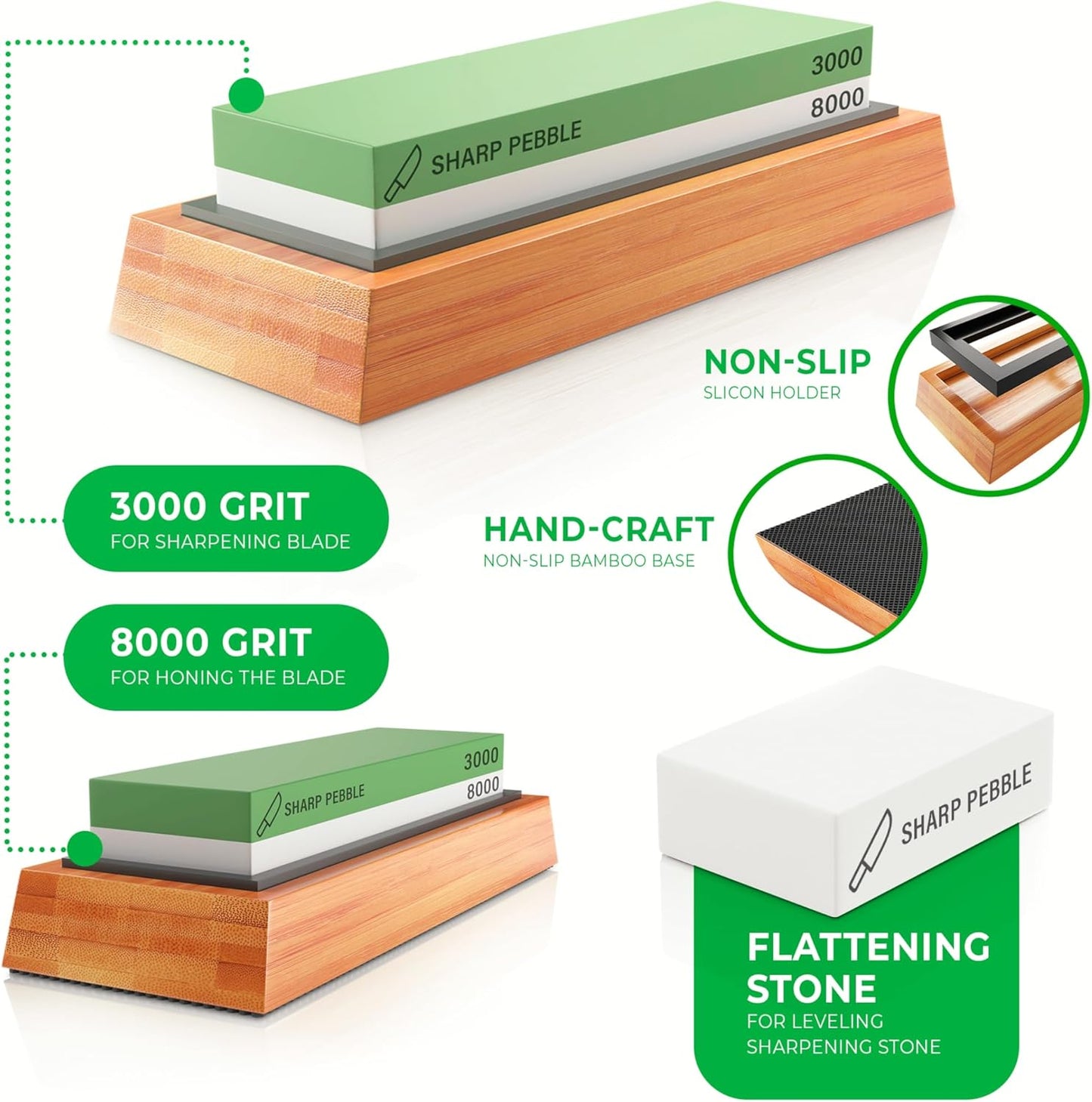 Sharp Pebble Premium Whetstone Knife Sharpening Stone 2 Side Grit 3000/8000 Wetstone Kit -Wetstone Kitchen Knife Sharpener with Non-Slip Bamboo Base & Flattening Stone