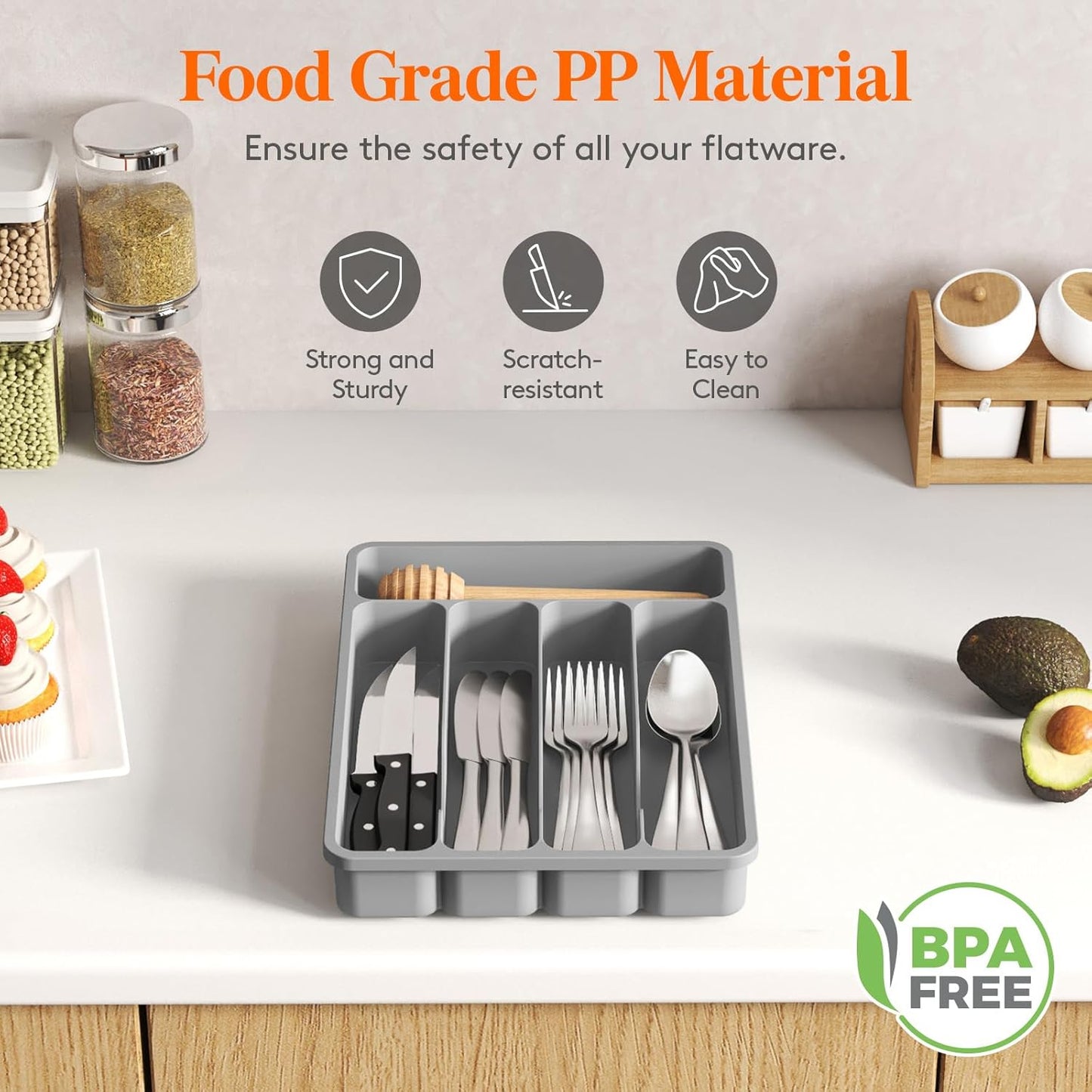 Lifewit Silverware Drawer Organizer Tray, Plastic Cutlery Storage for Kitchen Drawer, Flatware and Utensil Holder Divider for Spoons Forks Knives Tableware, 5 Compartment, Gray