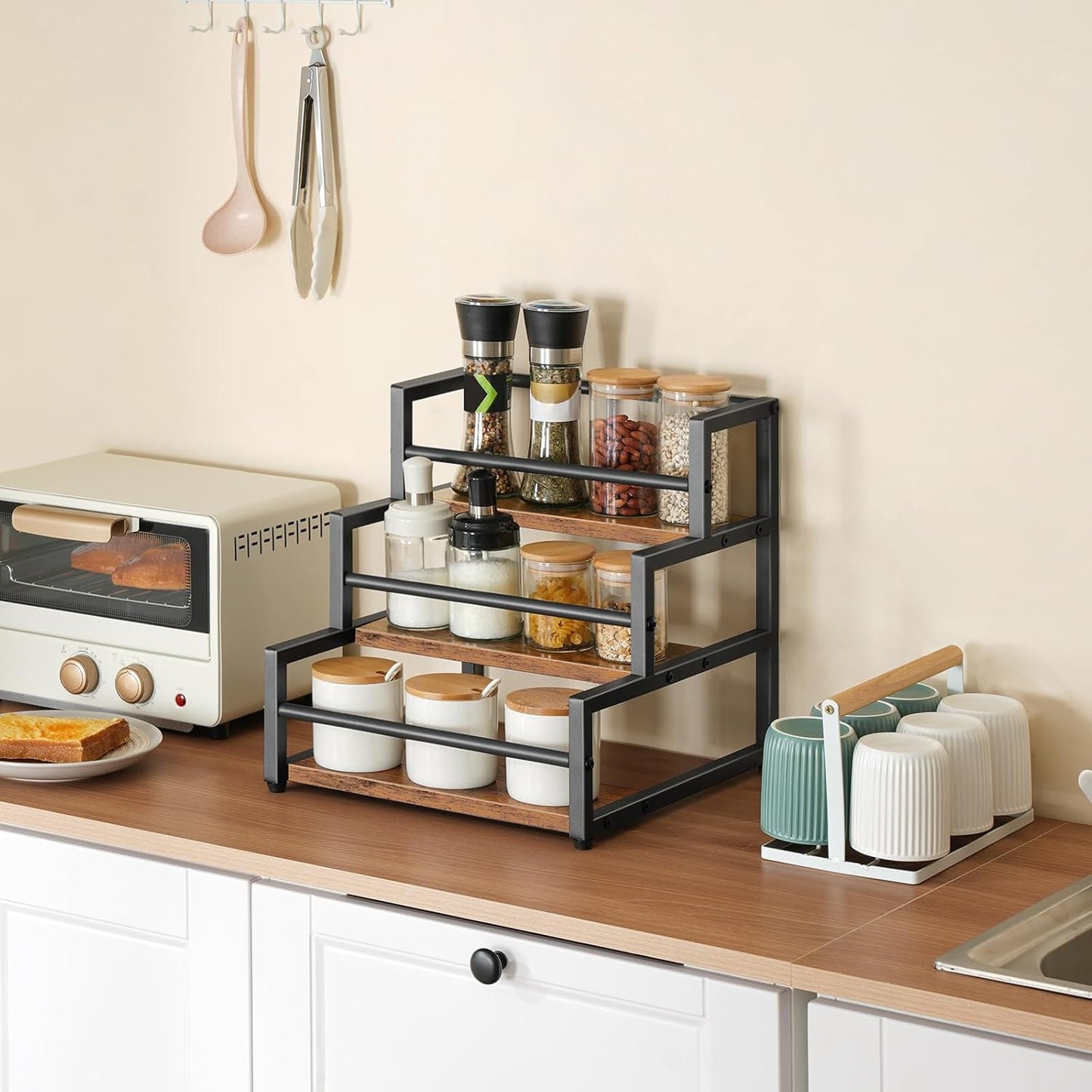 HOOBRO Coffee Syrup Rack Organizer, 3-Tier 12-Bottle Syrup Holder Stand for Coffee Bar, Wine Rack Countertop Storage Rack for Syrup, Wine, for Kitchen Coffee Station, Rustic Brown and Black BF38JJ01