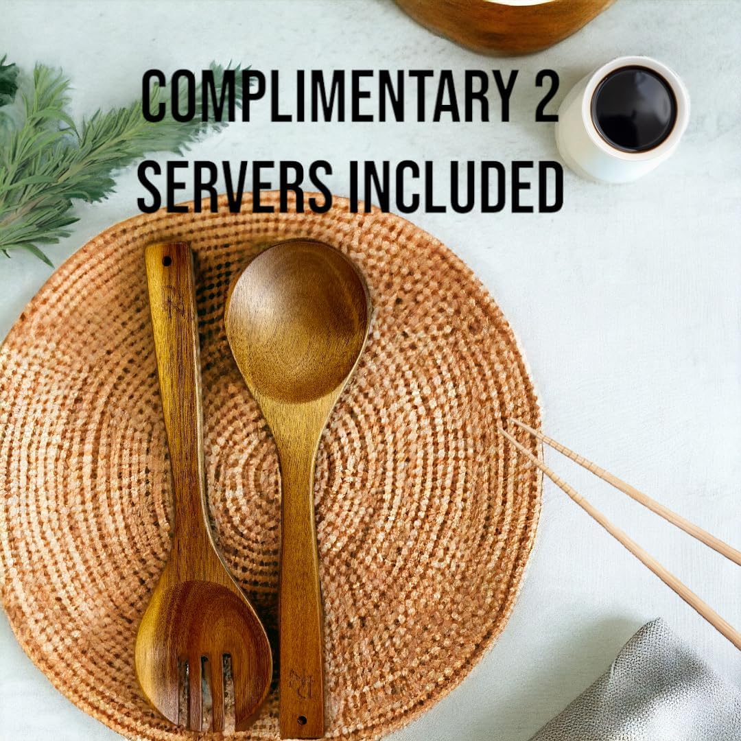 Extra Large Wooden Salad Bowl - 12“ x 5” Acacia Wood Serving bowl with 2 servers, Large Fruit bowl for food with serving utensils, Housewarming Wedding Christmas Gift