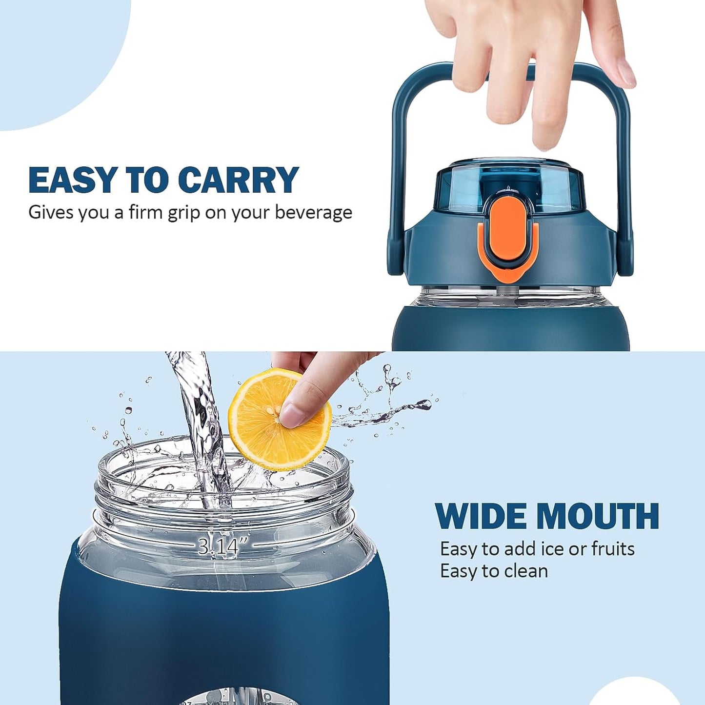 kytffu 56oz Glass Water Bottles with Straw, Motivational Glass Bottle with Silicone Sleeve and Time Marker, Leakproof Large Glass Water Jug for Gym Home Office,Blue