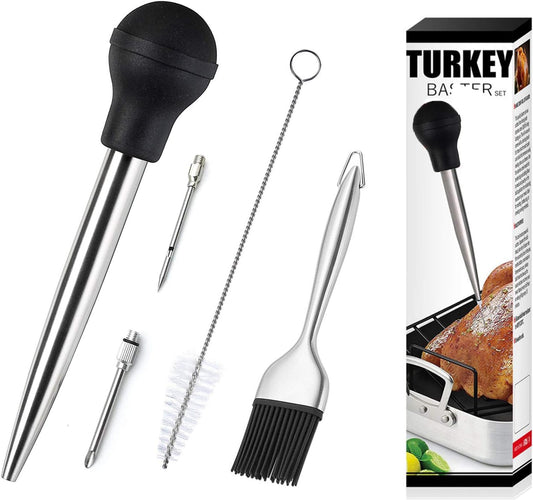 Stainless Steel Turkey Baster & Barbecue Basting Brush With 2 Flavor Injector Needles - Food Grade Syringe Baster For Cooking & Basting - Ideal For Butter Dripping, Roasting Juices For Poultry (Black)