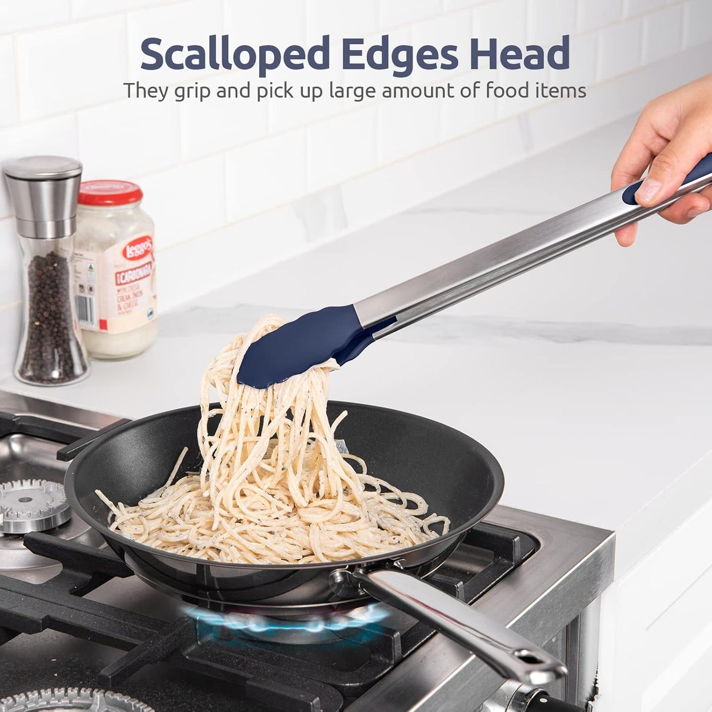 Heat Resistant Silicone Kitchen Tong: U-Taste 16 inch Extra Long Large 480ºF Hot Proof Cooking Tong with Sturdy Non Stick Rubber Tips & Non Slip Silicon Coated Steel Handle for Grill BBQ-Midnight Blue