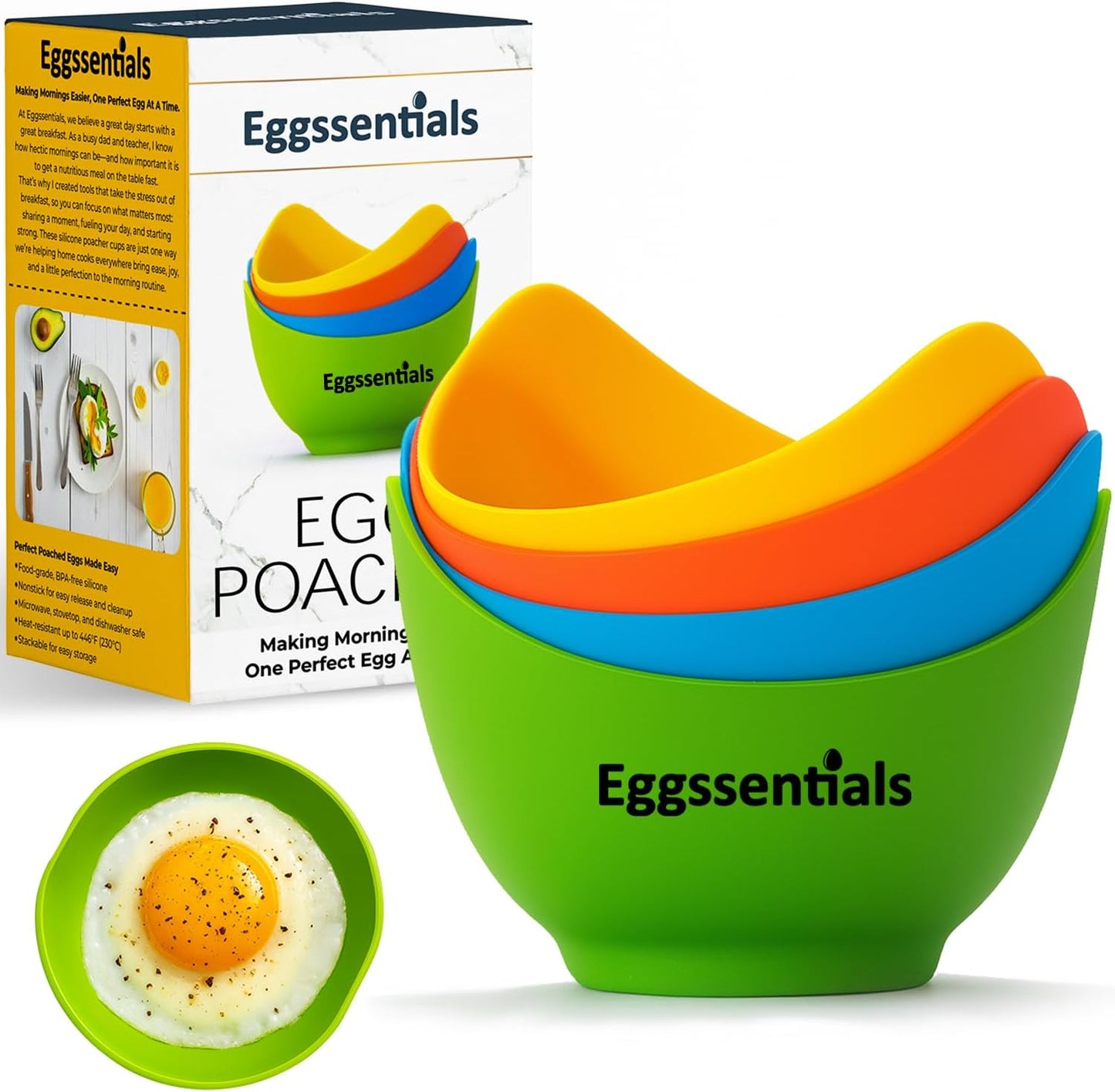 Eggssentials - Poached Egg Cups - Pack of 4 - BPA Free Silicone Egg Poacher Cups - Nonstick Poached Egg Cooker for Microwave, Stovetop, Baking – Easy to Clean Poaching Pods for Perfect Eggs