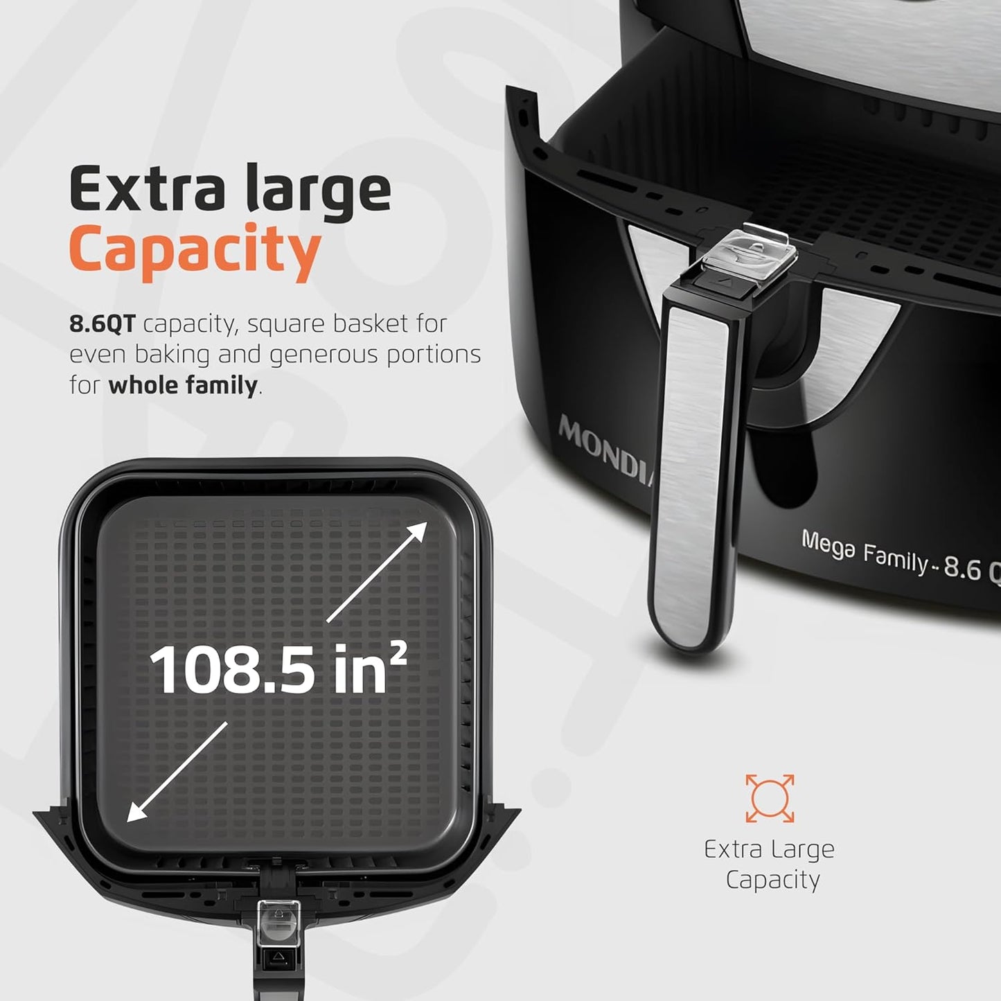 Air Fryer - 8.6 Quart Extra-Large Air Fryer, 2 Simple Dial Controls, 1800 Watts - Quick Heat Circulation Technology, Low Fat Cooking Less Calories - Removable Squared Basket - Black