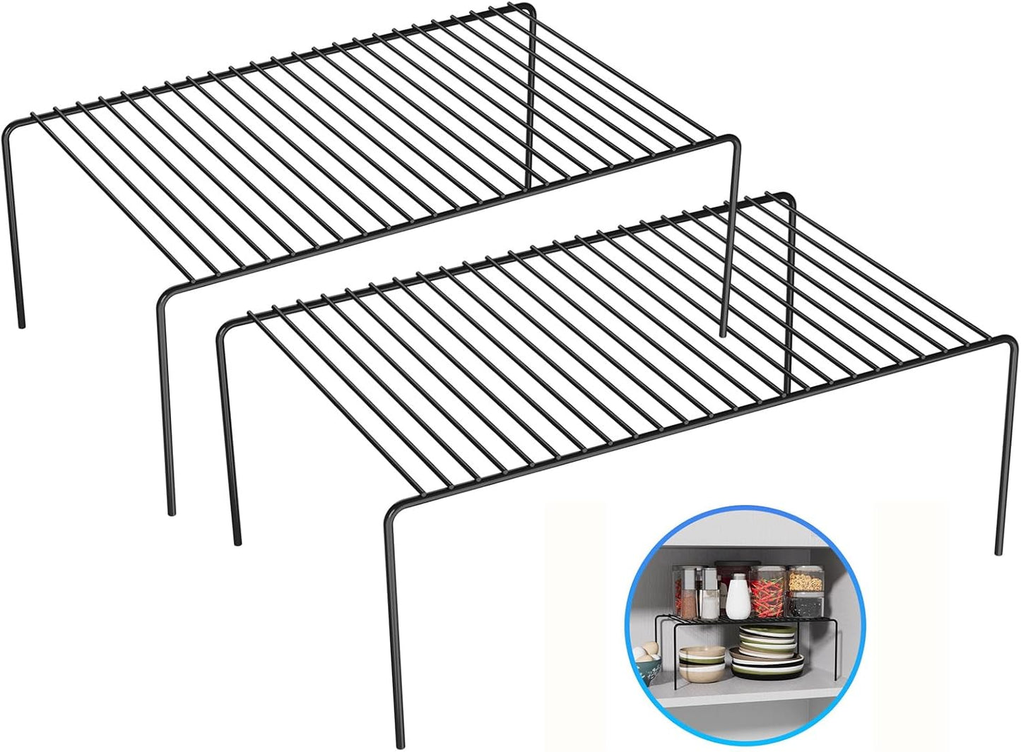 Large(15.7 x 9.4 inch)Black Cabinet Storage Shelf Rack Set of 2, Rustproof Metal Wire Kitchen Counter Organizers and Storage, Spice Organization for Cabinet, Plate, Dish, Pantry, Bathroom, Fridge