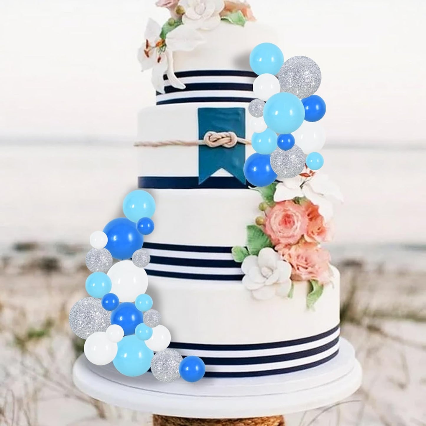 BEISHIDA 40 Pcs Foam Ball Cake Toppers with Sticks Mini Cake Decorations for Birthdays, Boys Party, Baby Showers, DIY Baking Supplies, Winter Party (Blue，White，Silver)