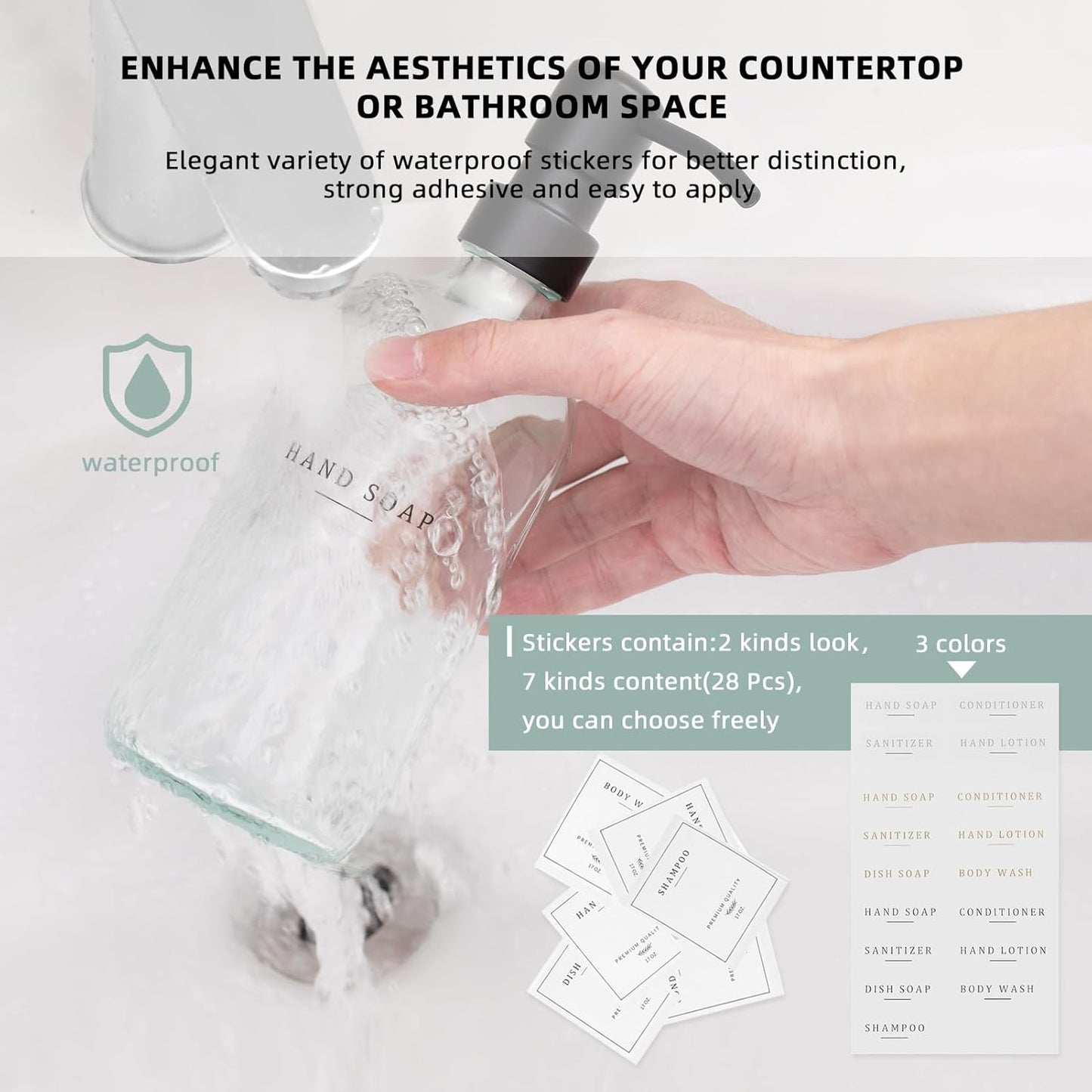 Glass Soap Dispenser - Dish Hand Soap Dispenser for Kitchen, Bathroom Soap Lotion Dispenser with 304 Rust Proof Pump, Tray, Clear Bottle/Black Pump