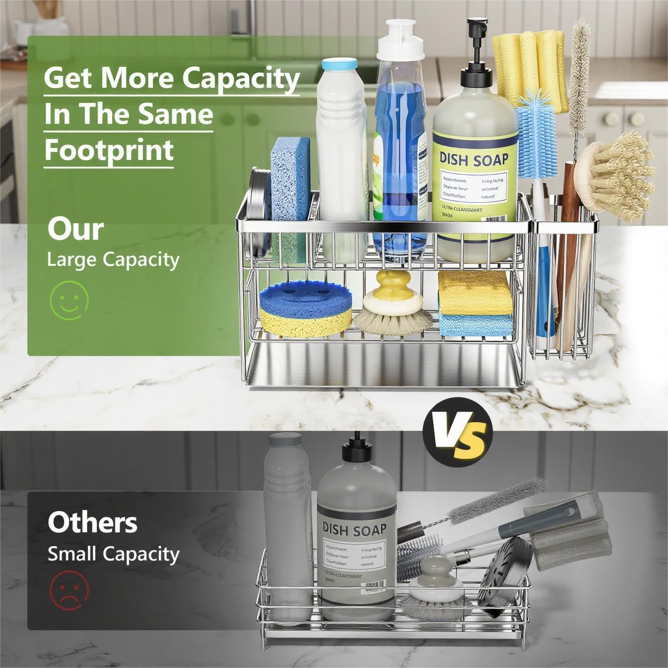 Cisily Silver 2-Tier Kitchen Sink Caddy Organzier Rack with Flexible Dish Brush Holder, Sponge Holder for Kitchen Sink Countertop Organization Storage,Home Decor Stainless Steel