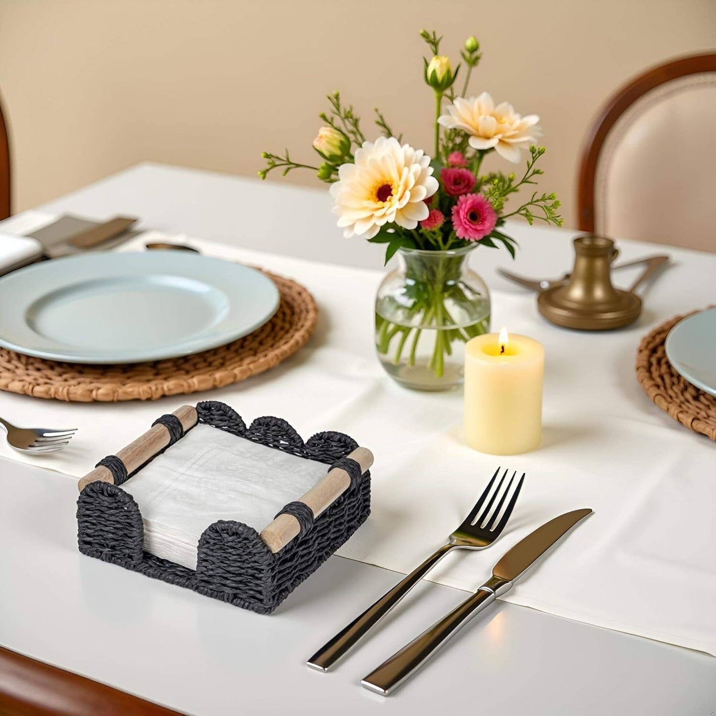 CubesLand Scalloped Napkin Holder for Table, Farmhouse Warming Home Kitchen Decor, Paper Rope Flat Napkin Dispenser Guest Towel Tray for Bathroom, Disposable Napkin Basket for Dining Table, Black