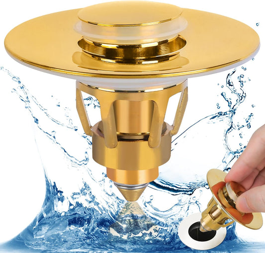 Three colors Bathroom Sink Stopper, 1.1-1.5" Bathroom Sink Drain Strainer, Universal WashBasin Pop Up Drain Stopper, Bounce Core Push Type Sink Plug, Anti-Clogging, Stainless Steel (Gold,1PCS)