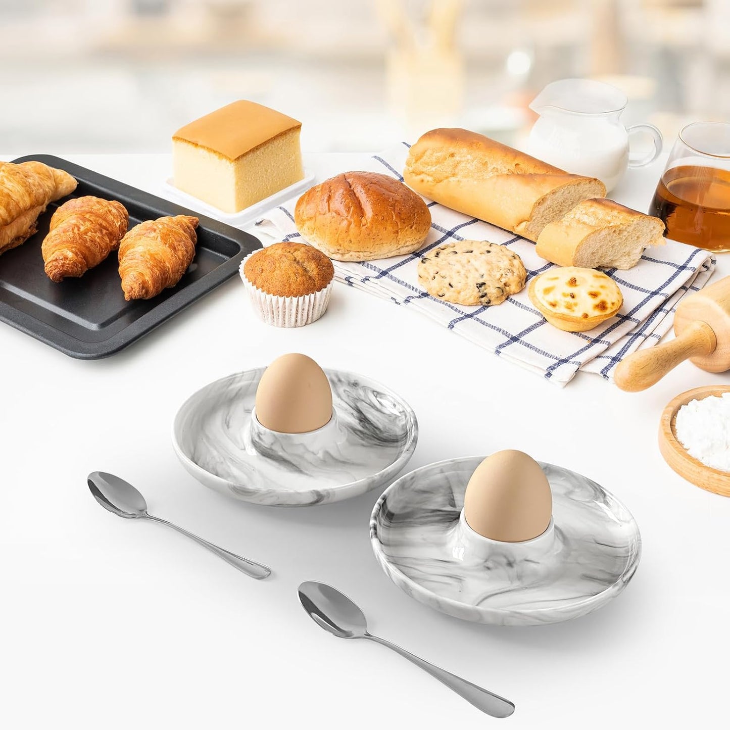 Cinf EggHolder & Spoon Set 2 Ceramic Egg Holders + 2 SS Spoons Breakfast Plate Marble 5.5'' Food Container Egg Tray Dinner Serving for Hard Boiled Eggs, Easter & Deserts Dish