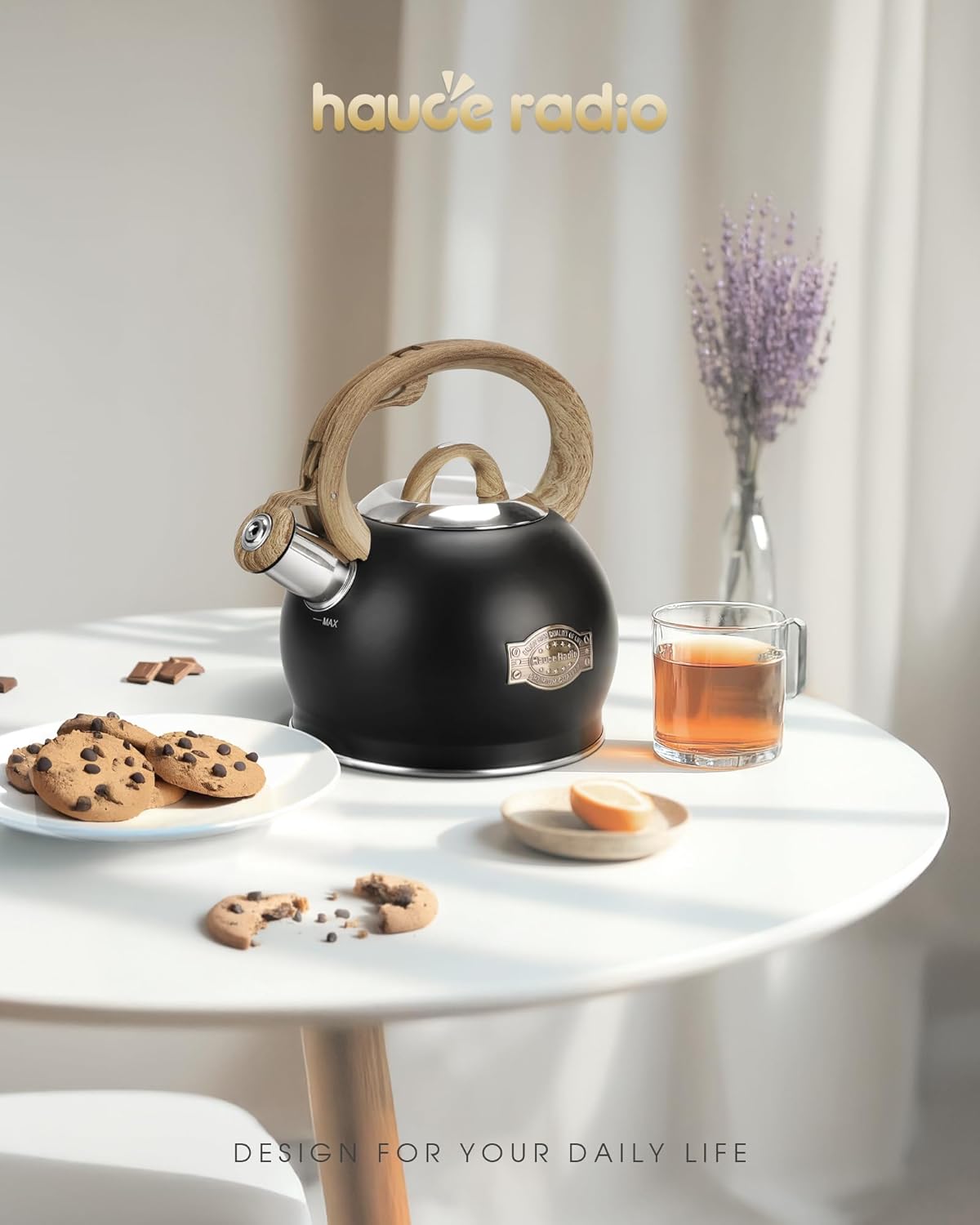 Tea Kettle Stovetop, Black Tea Kettles-2.1 Quart Loud Whistle Stovetop Teapot,Food Grade Stainless Steel with Wood Pattern Handle, Unique Button Control Kettle Outlet for Tea, Coffee