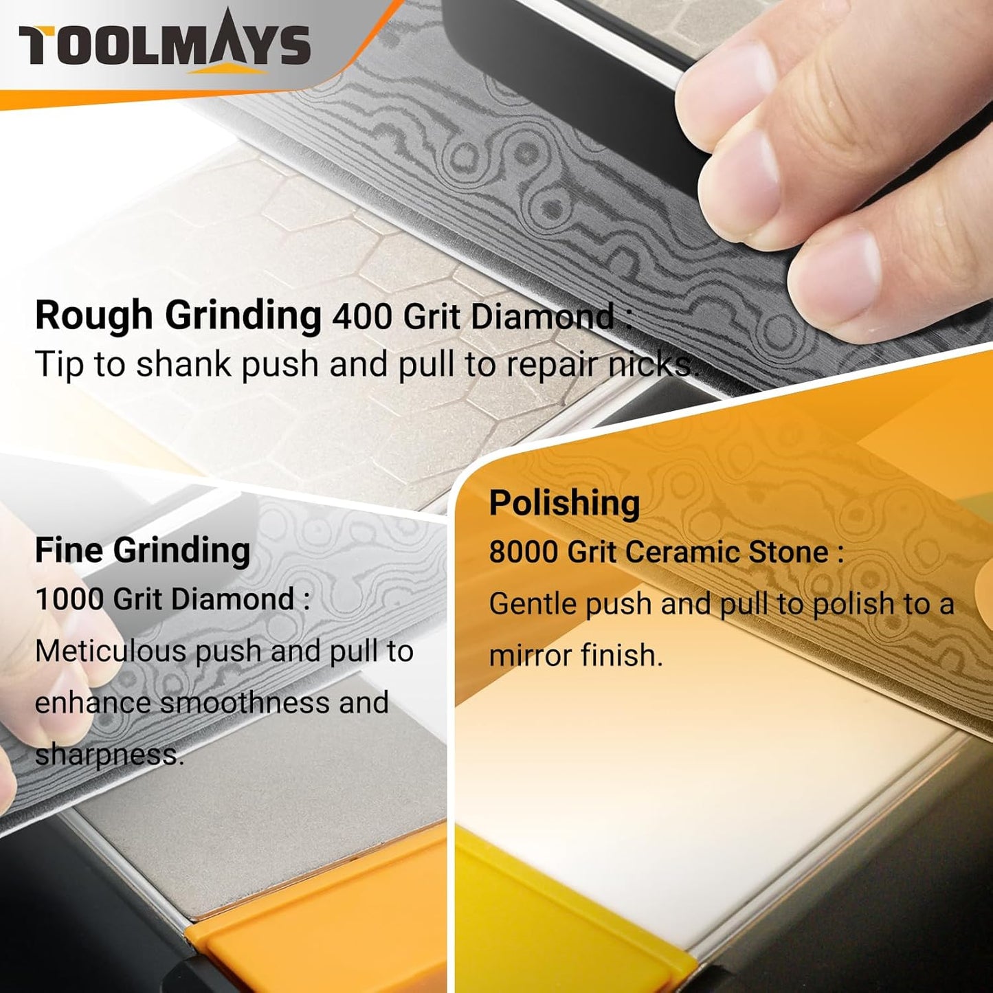 TOOMAYS Sharpening Stone 3 Side Grit 400/1000/8000, Premium Industrial Diamond & Ceramic, Knife Sharpener Stone with Triangle Locator, Angle Guide and Non-Slip Base (3 Side Grit 400/1000/8000)