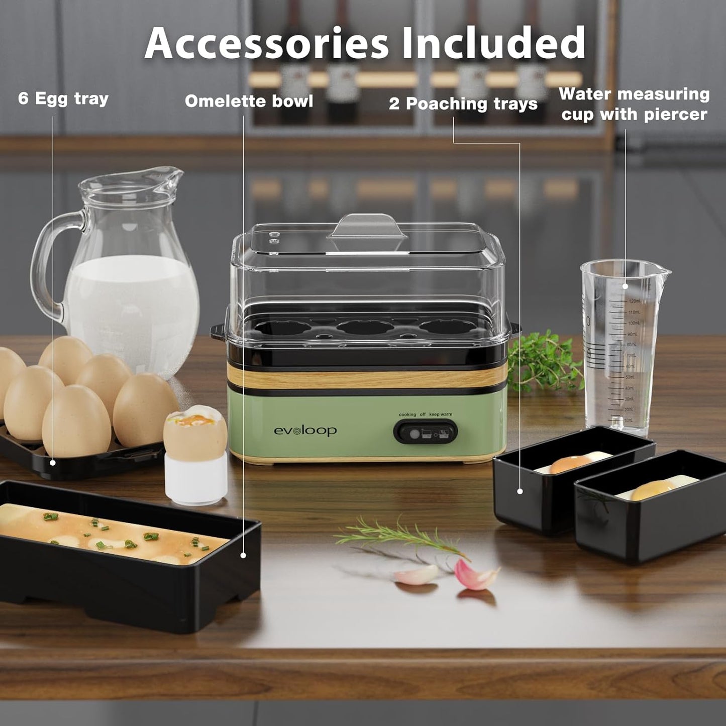 Rapid Egg Cooker Electric 6 Eggs Capacity, Soft, Medium, Hard Boiled, Poacher, Omelet Maker Egg Poacher With Auto Shut-Off, BPA Free (Green)