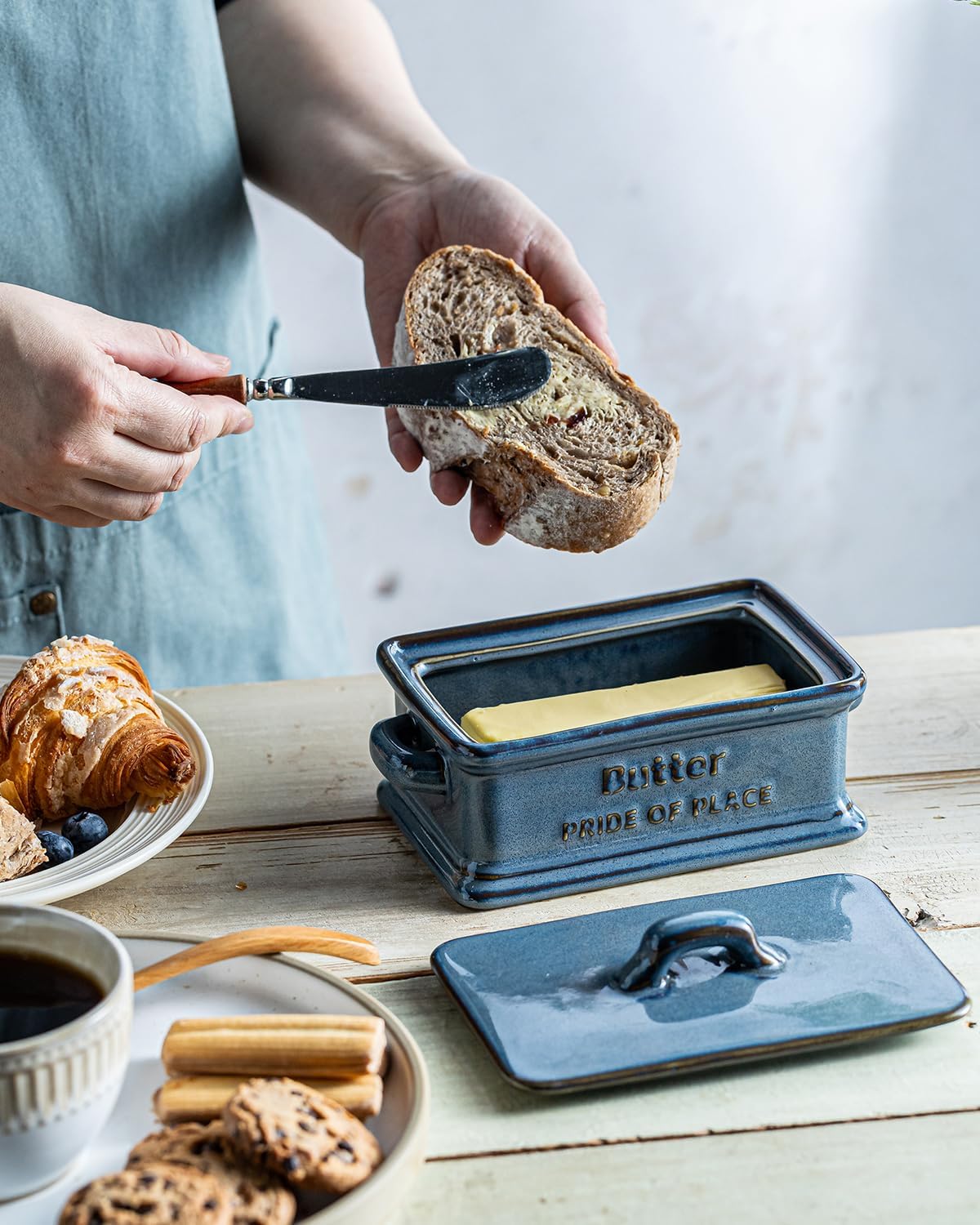 Butter Dish with Lid, Porcelain Butter Dish for Countertop Large Butter Keeper Butter Holder Container for East West Coast Butter, Blue
