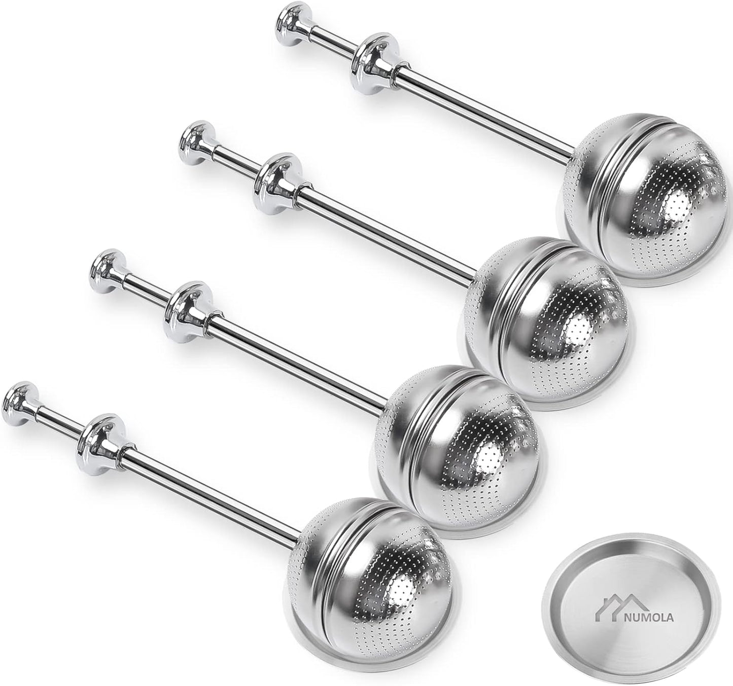 Numola Long Handle Tea Ball Stainless Steel with Drip Trays, 4Pcs Premium Tea Infuser Filter for Loose Leaf Tea, Reusable Fine Mesh Tea Interval Diffuser Strainer for Cup and Teapot