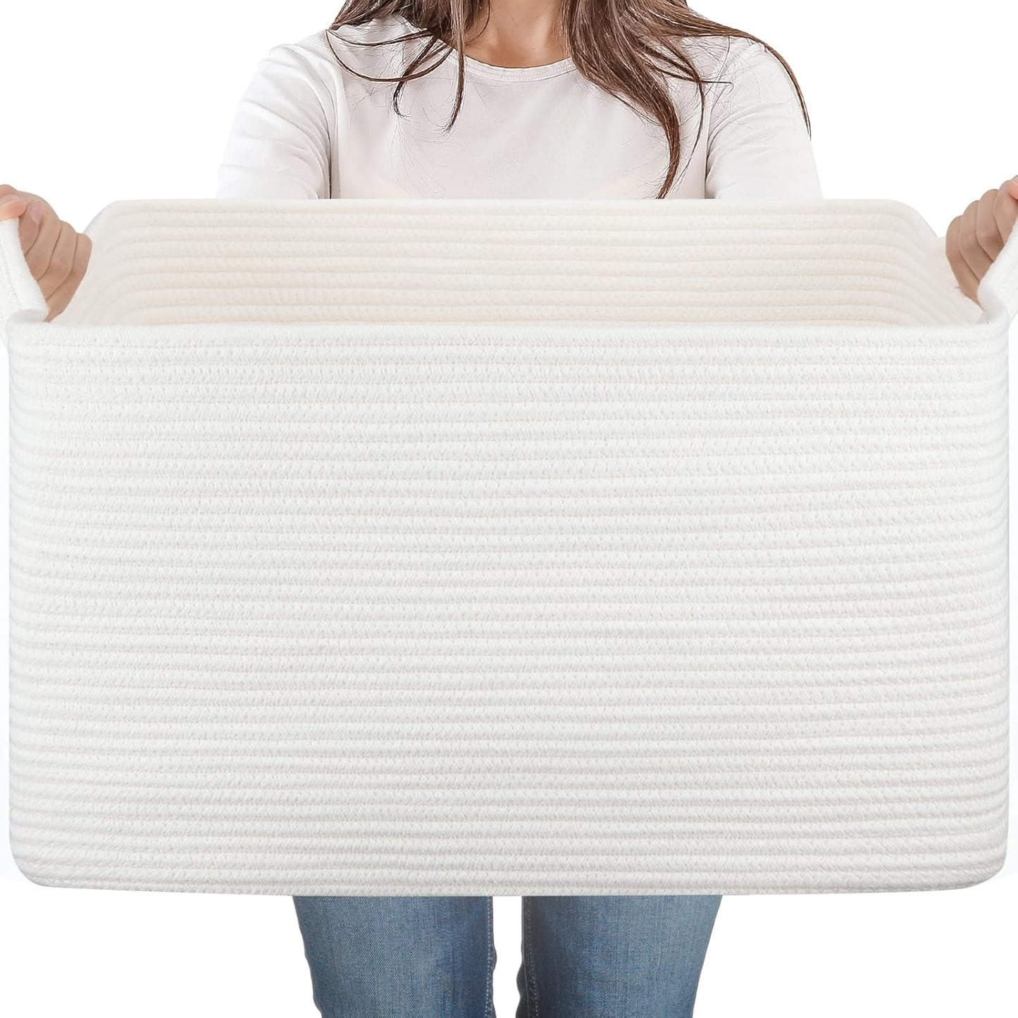 65L Large Storage Basket, Cotton Rope Woven Blanket Basket, Toy Storage for Baby Room, Living Room, White