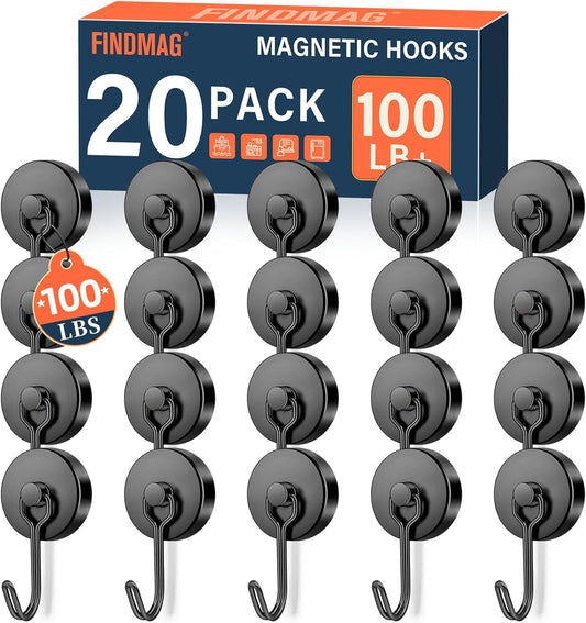 FINDMAG 100 LBS Magnetic Hooks Heavy Duty, 20 Pack Extra Strong Magnetic Hooks for Hanging, Neodymium Magnet with Hook for Cruise Cabins, Large Magnetic Swivel Hooks for Garage, Kitchen, Office, Grill