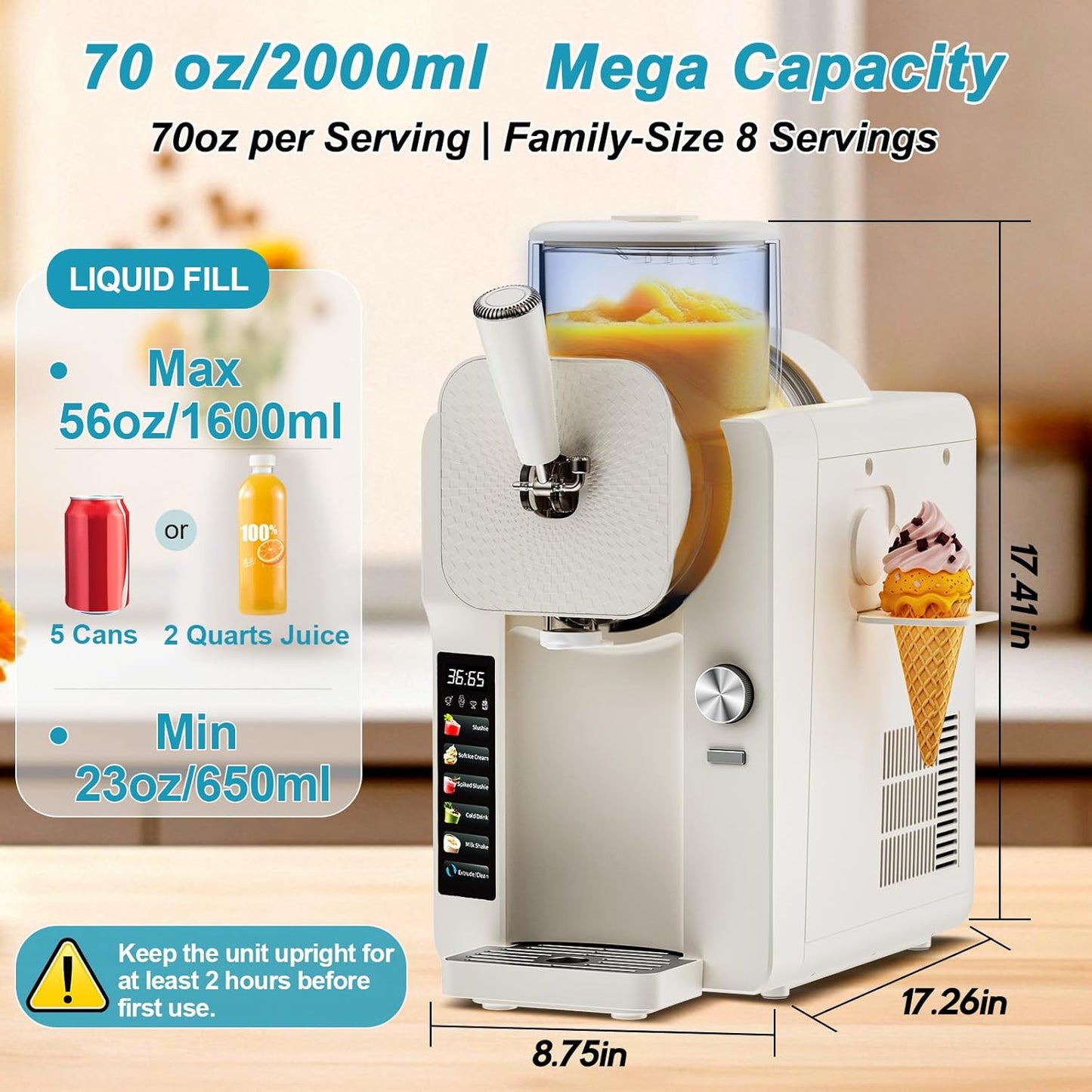 Ice Cream Maker, Slushie Machine for Home, Slushy Machine 70 oz Margarita Machine with 6 Preset Programs for Ice Cream, Smoothie, Milkshake, Cocktail, Frappés, 9-Level Adjustable Thickness, White