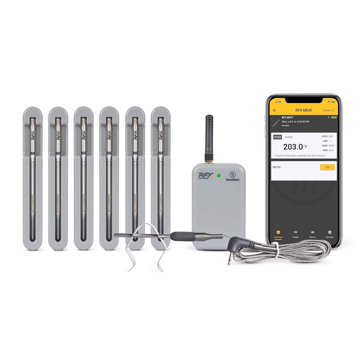 ThermoWorks RFX | Smart Wireless Meat Thermometer | Wi-Fi & Radio Frequency | Stronger Signal Than Bluetooth | Meat Probe for Use in Smoker, Grill, BBQ, Oven - 6-Probe Kit