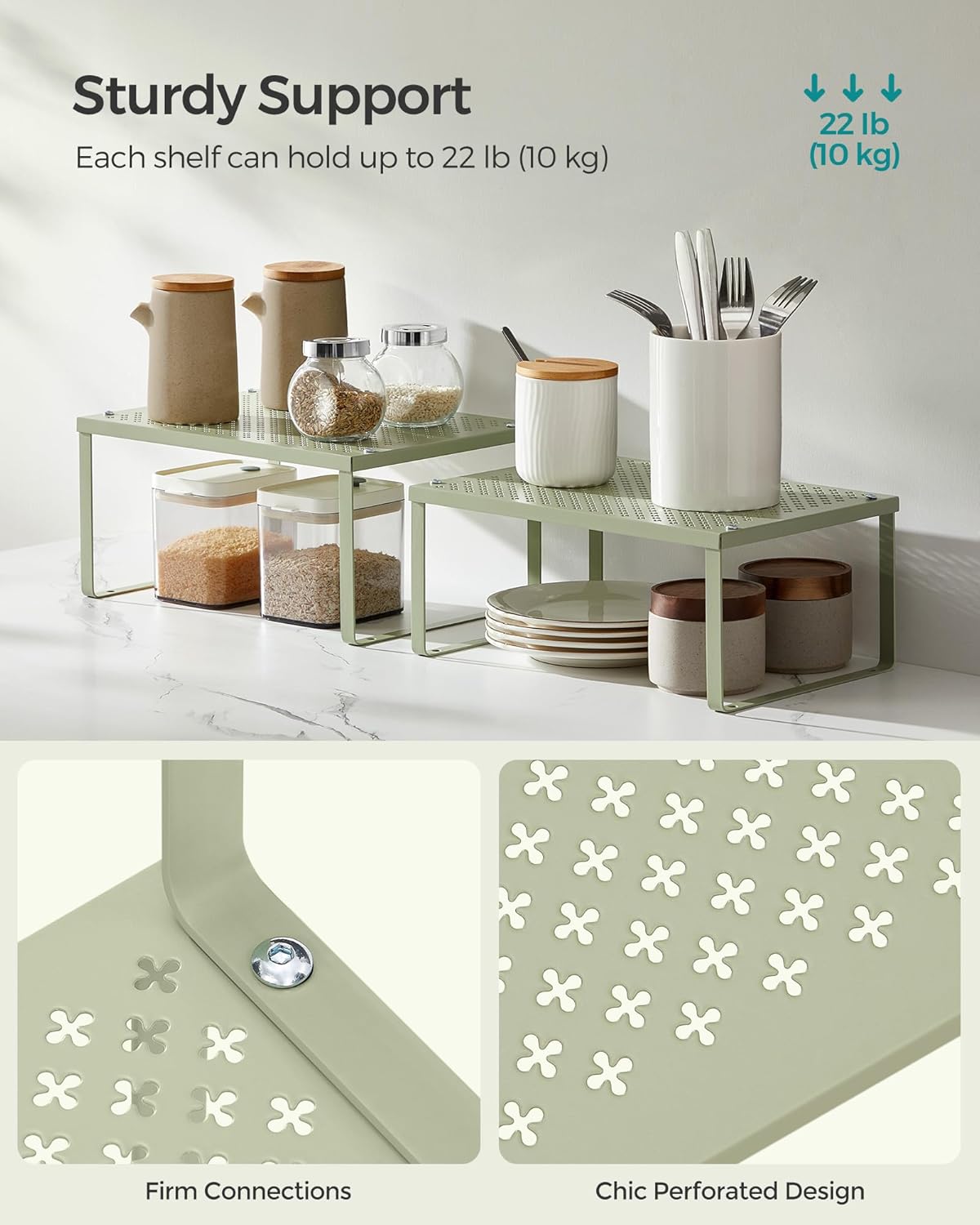 SONGMICS Spice Racks, Set of 2 Metal Cabinet Shelf Organizers, Countertop Organizers, Shelf Risers, Stackable, Expandable, Sage Green UKCS001C01