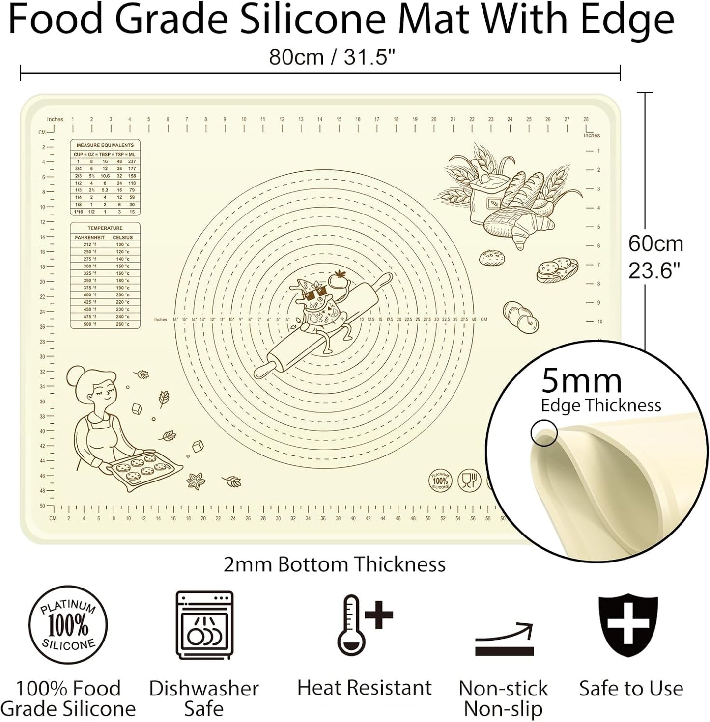 Silicone Baking Mat 32" x 24", Extra Thick Silicone Pastry Mat with Measurements and Edge Heightening, Non-stick Food Grade Dough Rolling Matfor for Pastry, Bread, Cookies, Pizza, Fondant, Pasta