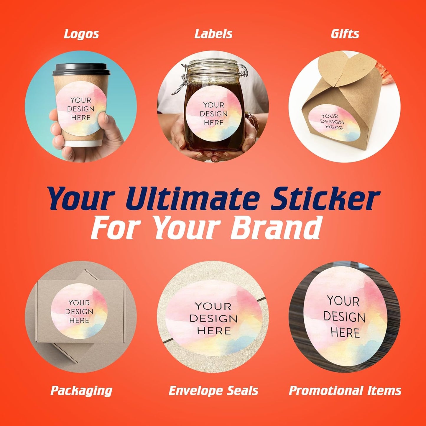 100 Custom Vinyl Stickers - Upload Your own Image, Text, Design, Logo - Personalized Logo Labels for Handmade, Packaging, Bottle, Jars, Candle, Brand Stickers (Watercolor, 6x6)