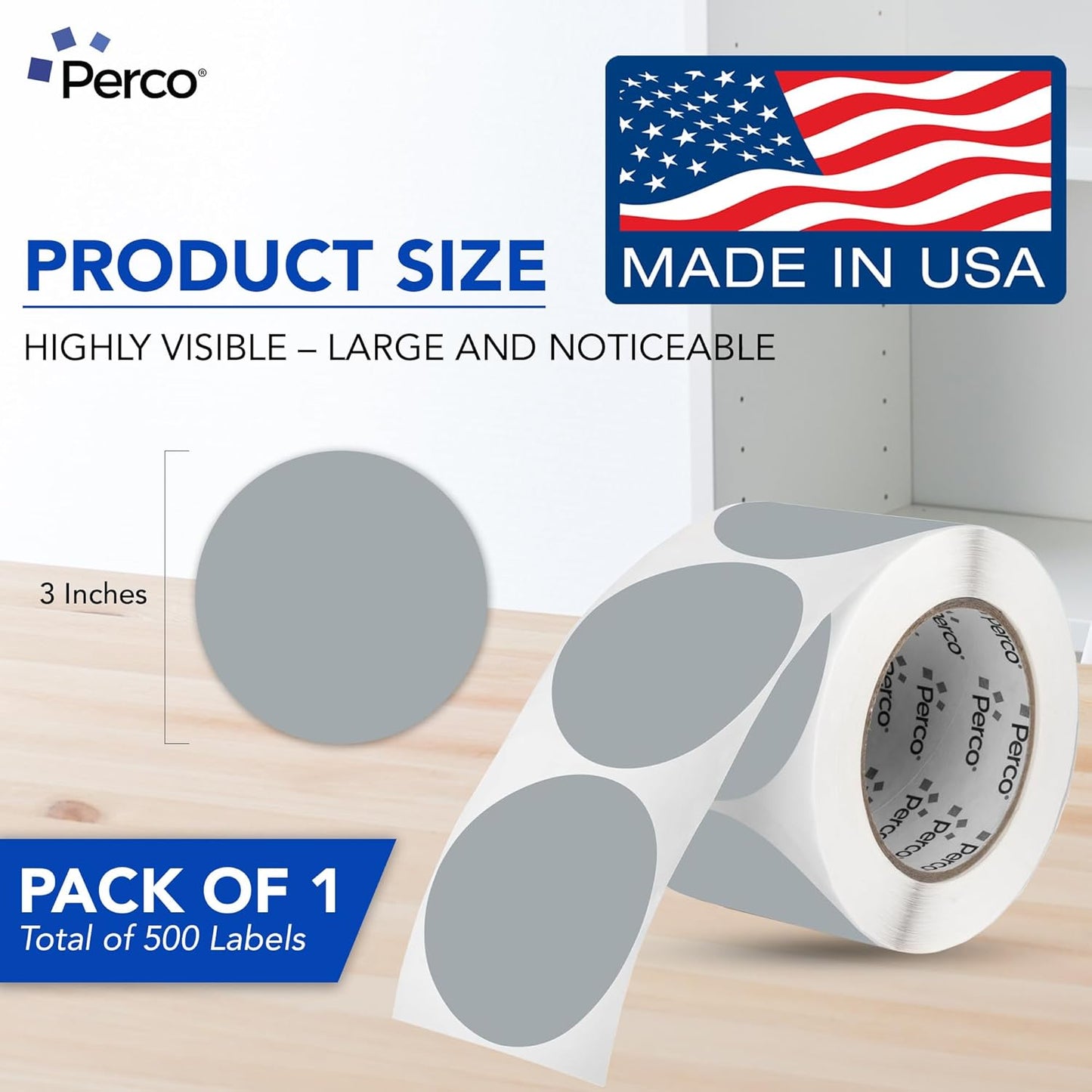 Perco Grey 3-Inch Round Circle Dot Sticker Labels with Easy Peel Perforation - 500 Labels per Roll - Strong Adhesion, Vibrant Colors for Organizing, Crafting & More - Made in USA