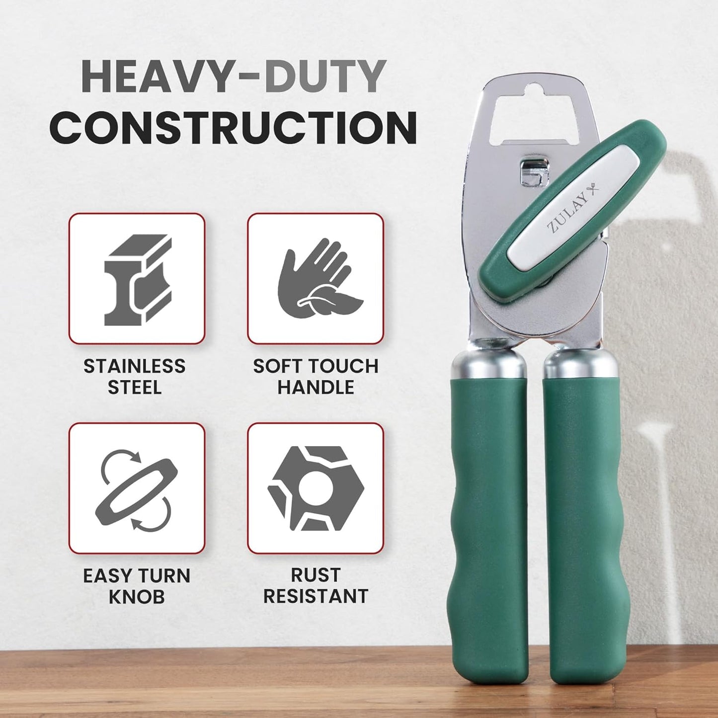 Zulay Kitchen Heavy Duty Stainless Steel Can Opener Manual with Bottle Opener - Rust Proof Manual Can Opener With Turn Knob & Comfy Soft Grip Handles - Pine Green