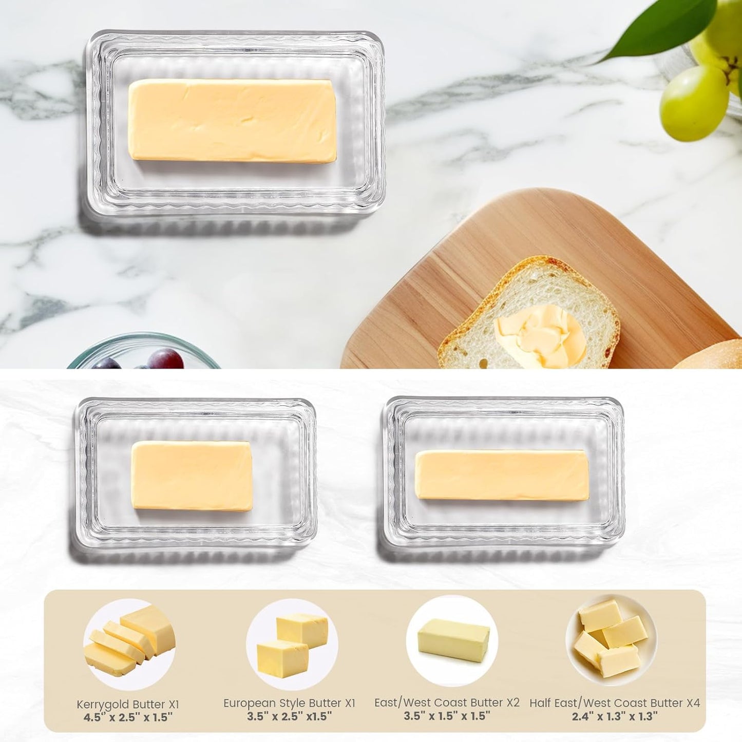 Wide Glass Butter Dish with Cover for Countertop,Vintage Crystal Butter Keeper for Counter,Covered Glass Butter Holder,Butter Holder for Refrigerator,Butter Tray with Two Stick 4oz Butter