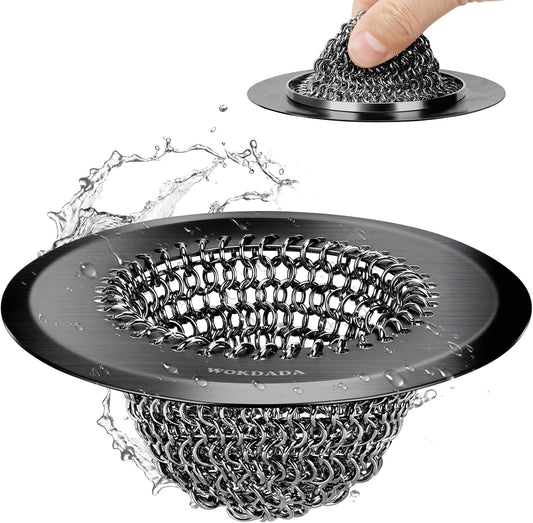 Sink Drain Strainer (Black): Flexible Anti-Slip Chainlink, 304 Stainless Steel. Upgraded Clog-Free, Easy-Clean Catcher for Kitchen Garbage Disposal