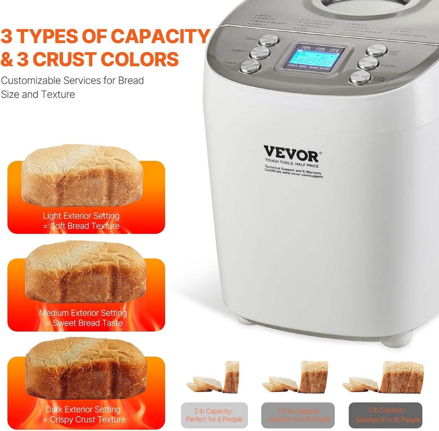 VEVOR Bread Maker, Dough Machine 15 Menus in 1, Non-Stick Ceramic Pan Automatic Breadmaker with Non-Gluten Setting, Whole Wheat Bread Making, Digital, Programmable, 3 Loaf Sizes, 3 Crust Colors, White