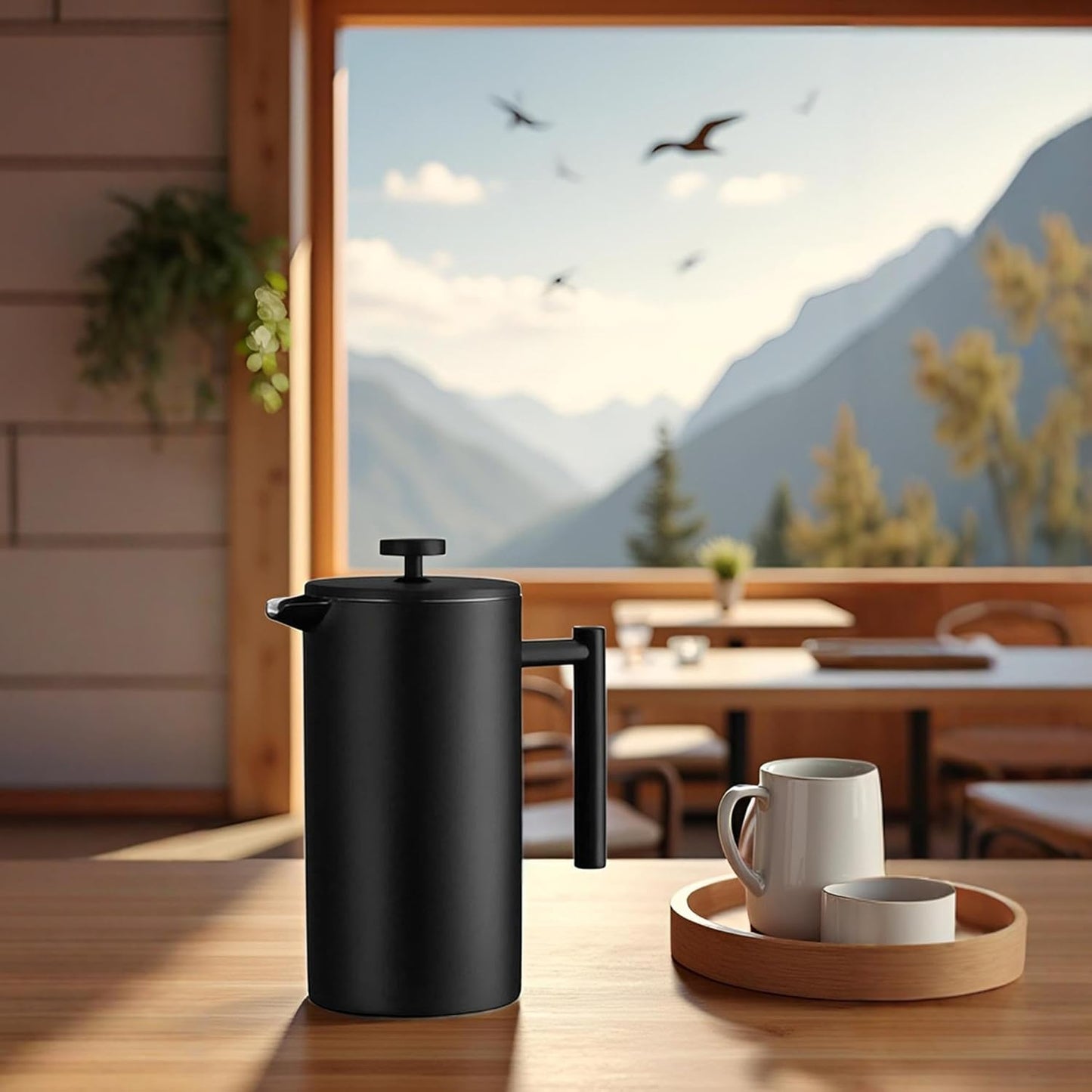 YJX 34oz Coffee Maker, Stainless Steel French Press, 1 Liter Camping Coffee Pot, Tea Maker, 34 Ounce Travel Coffee Presses, Heat Resistant Double Insulated (Black)